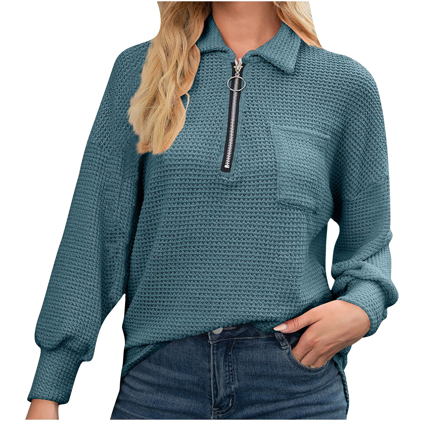 Women's Casual Waffle Knit Pullover Sweater - Long Sleeve Loose Fit Zipper Lapel Cardigan with Pockets | Fall Winter Fashion Tops for Work, Dating & Everyday Wear