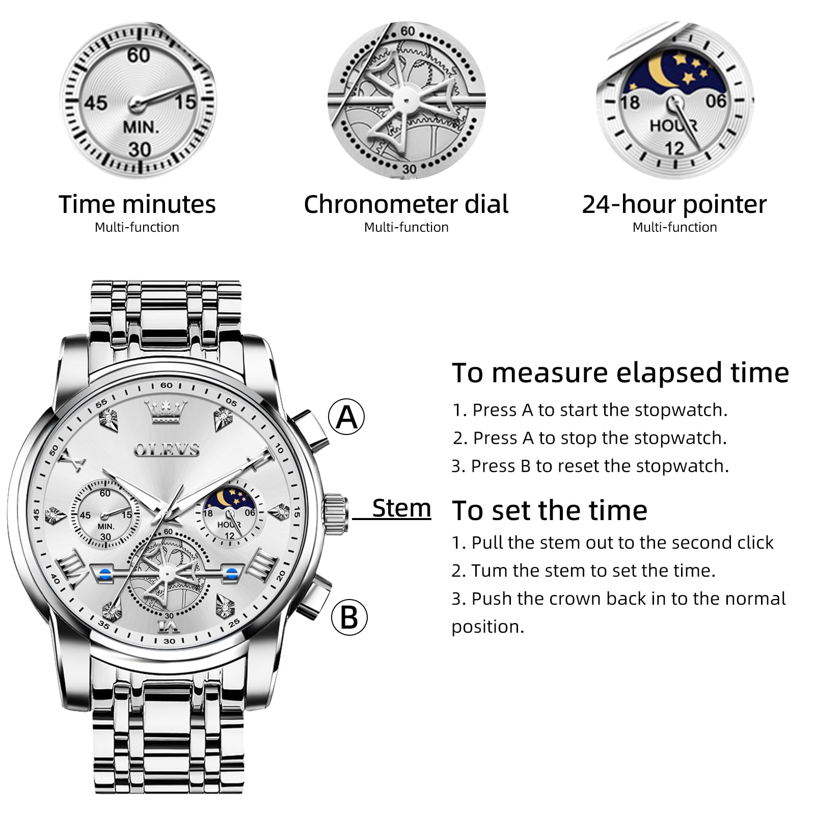 OLEVS Men's Luxury Stainless Steel Chronograph Watch - Silver Analog Quartz with Roman Numerals, Big Face & Diamond Accents - Waterproof Dress Watch for Men | Perfect for Business, Formal Events & Everyday Wear