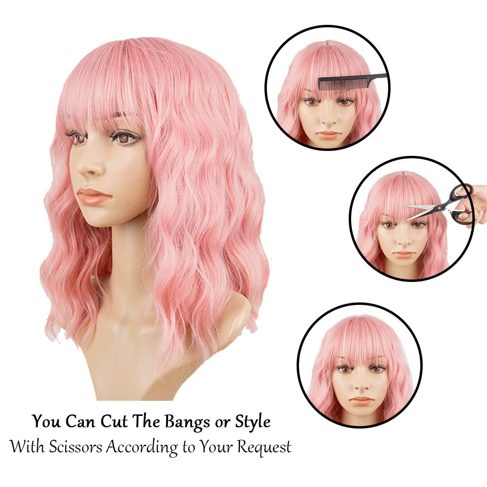 Pink Wavy Real Human Hair Wig with Bangs - Short Bob Heat Resistant Tangle-Free Synthetic Wig for Women & Girls | Perfect for Cosplay, Daily Wear, Halloween & Costume Parties