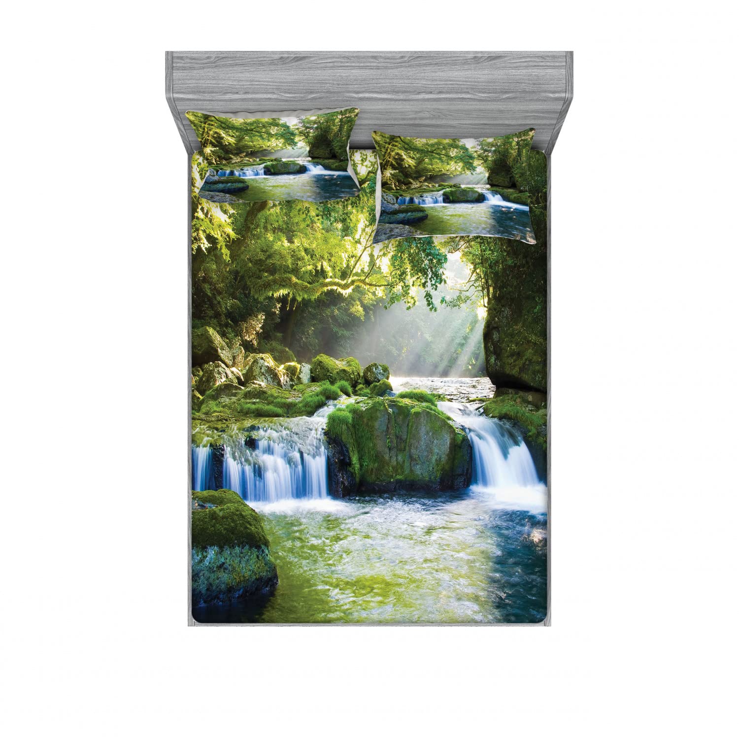 Ambesonne 2-Pack Queen Size Fitted Sheet Set with 4 Pillow Shams - Tropical Jungle Misty Mountains Leaf Pattern Bedding in Yellow Green Blue - Perfect for Guest Rooms, Vacation Homes & Boho Bedroom Decor