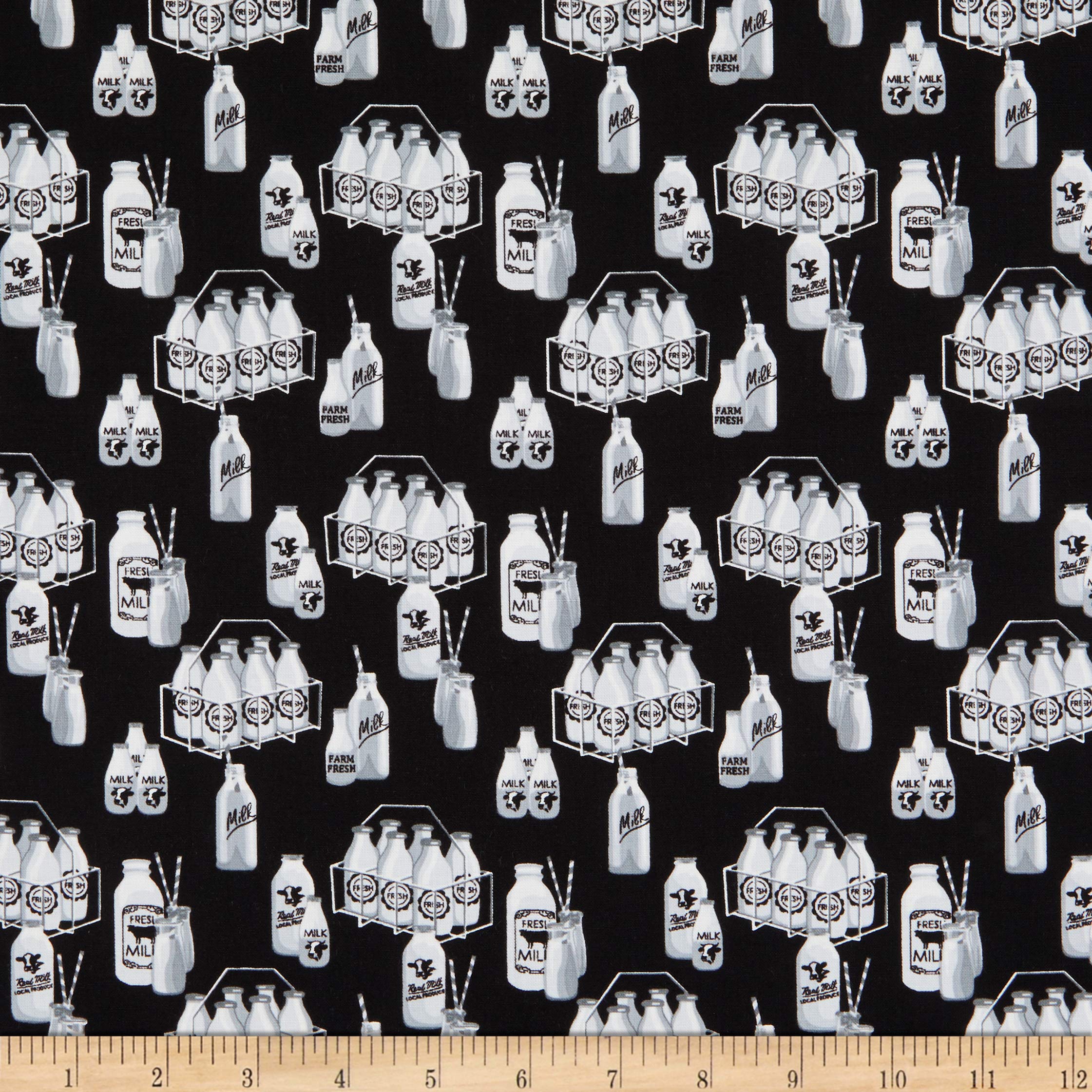 Black Buttermilk Farmstead Milk Bottles Quilting Fabric by the Yard - Perfect for DIY Quilts, Home Decor & Craft Projects