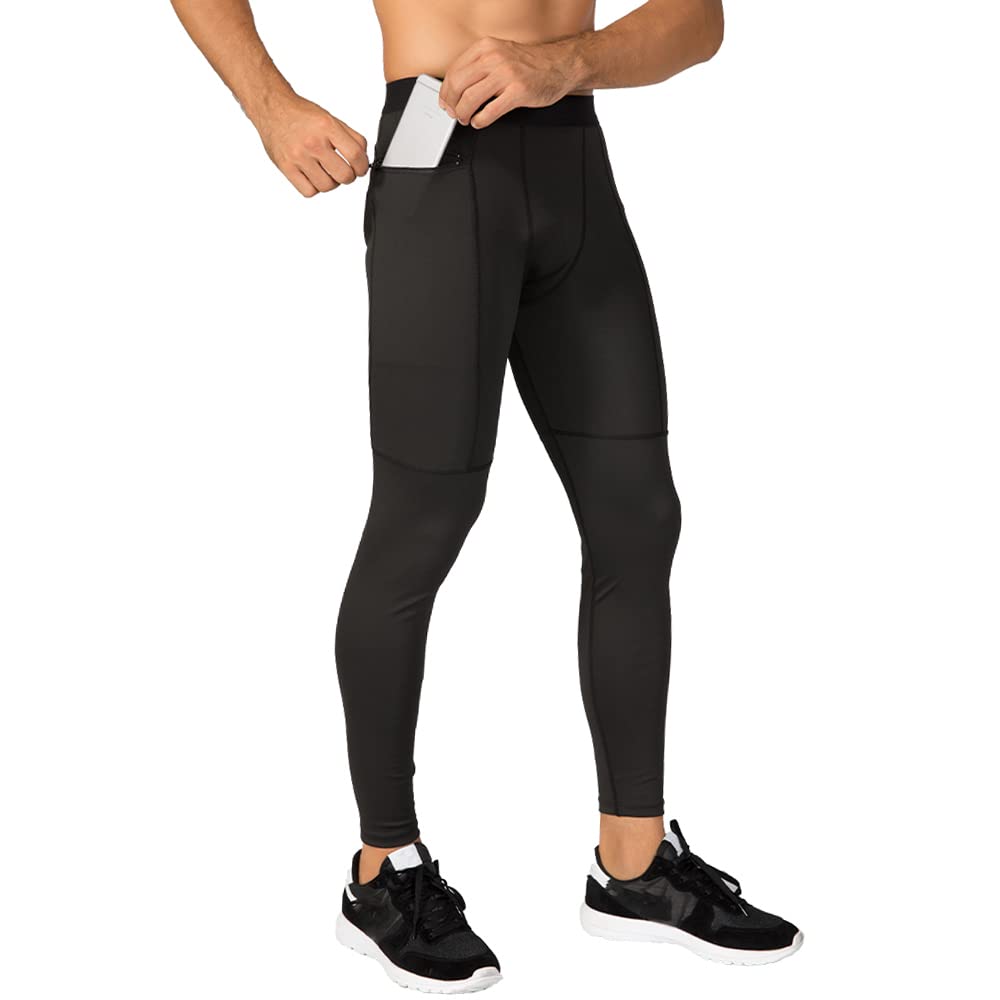 EARGFM Men's Compression Pants with Zipper Pockets - Athletic Workout Leggings, Running Elastic Tights, Quick-Drying Base Layer for Gym, Jogging & Outdoor Activities