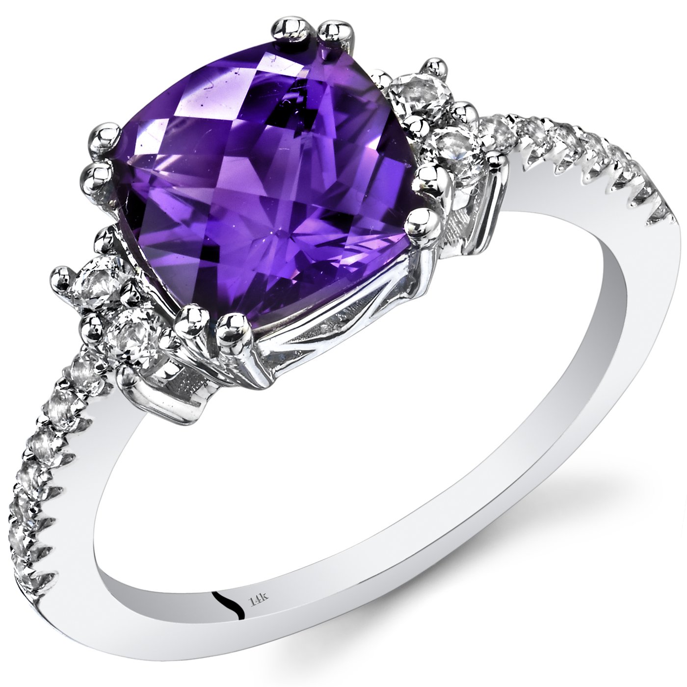 Peora 14K White Gold Amethyst & White Topaz Ring for Women - Genuine 2 Carat Cushion Cut Birthstone Jewelry (Size 5-9) | Elegant Gift for Anniversary, Birthday & Special Occasions
