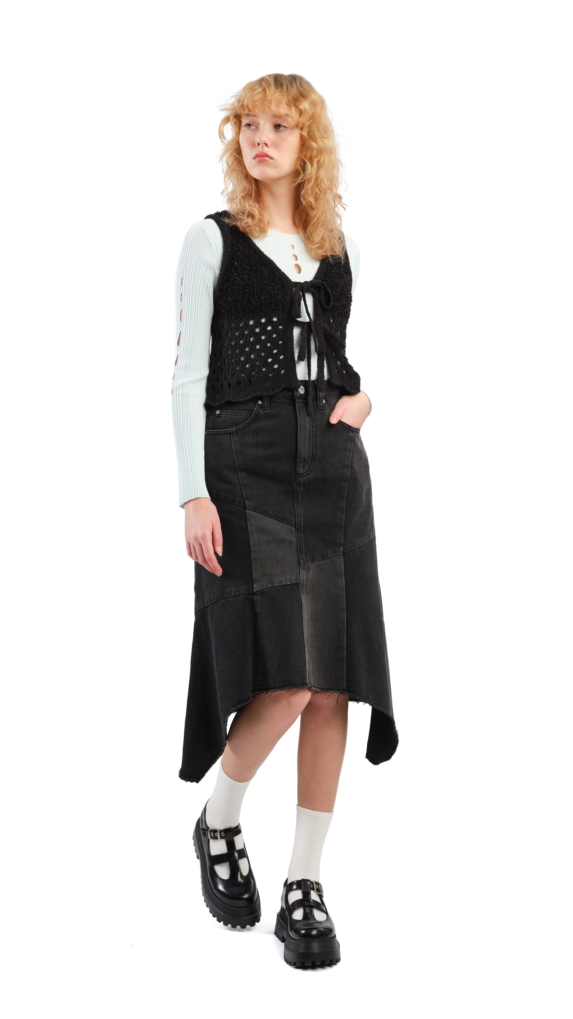 Vintage Rebuilt Denim Fishtail Skirt for Women - Distressed High Waist A-Line Denim Skirt with Asymmetrical Hem | Perfect for Boho Outfits, Casual Wear & Street Style Fashion