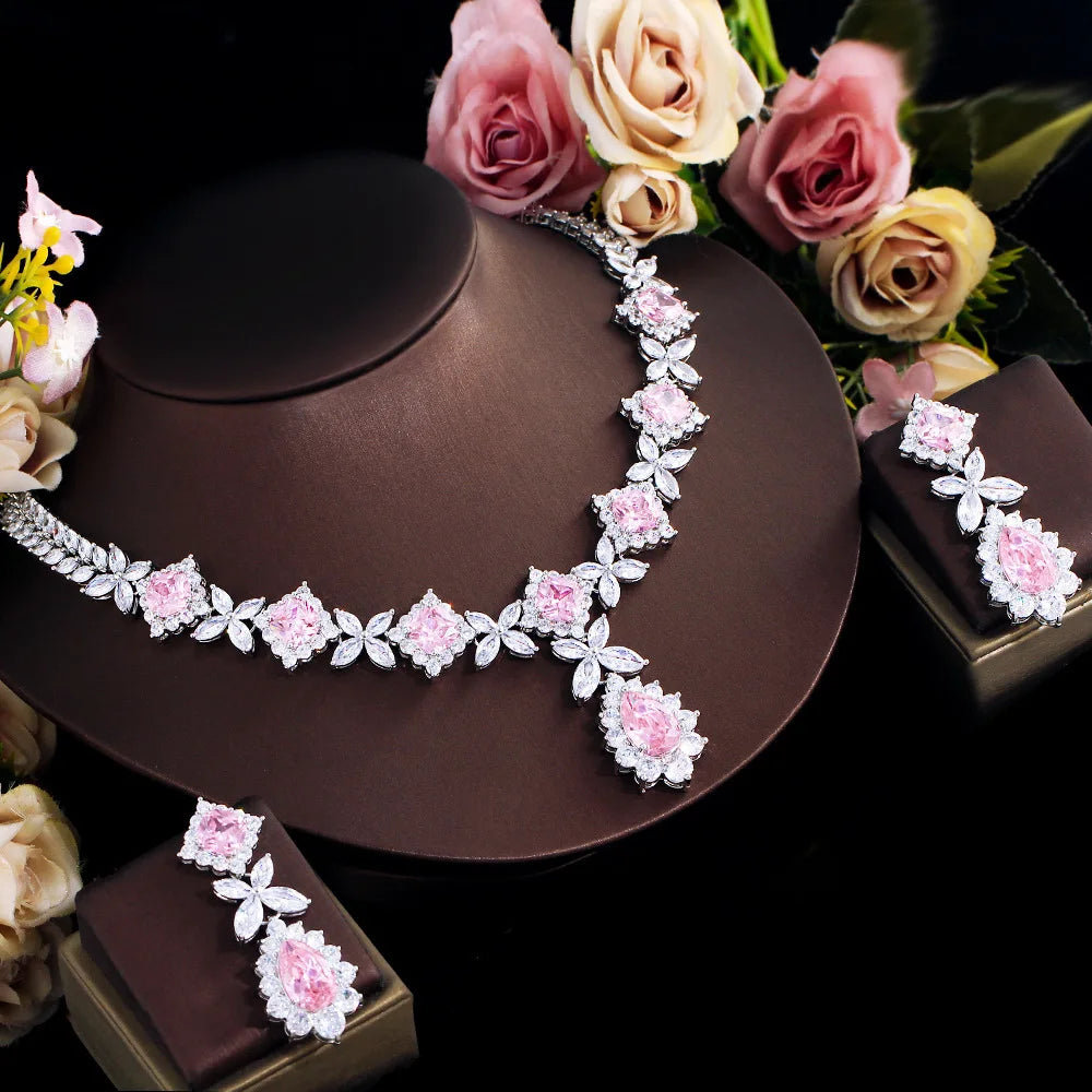Luxury Pink Cubic Zirconia Wedding Jewelry Set for Women - 2 Piece Bridal Necklace Set, African Dubai Style Party Jewelry LYT0312 | Perfect for Weddings, Bridal Showers, and Special Occasions