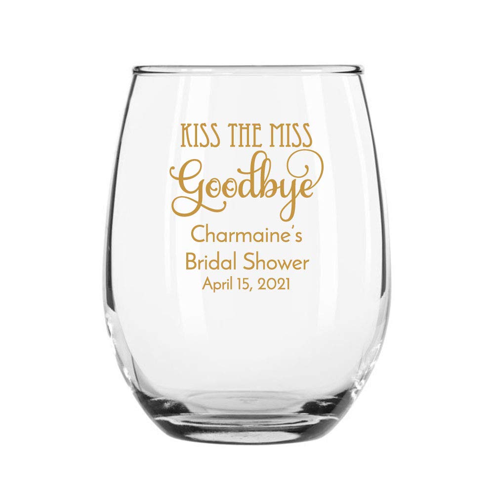 24 Pack Kiss the Miss Goodbye Gold Stemless 9 oz Wine Glasses - Elegant Party Cups for Wedding, Bridal Shower, Bachelorette & Girls Night Out