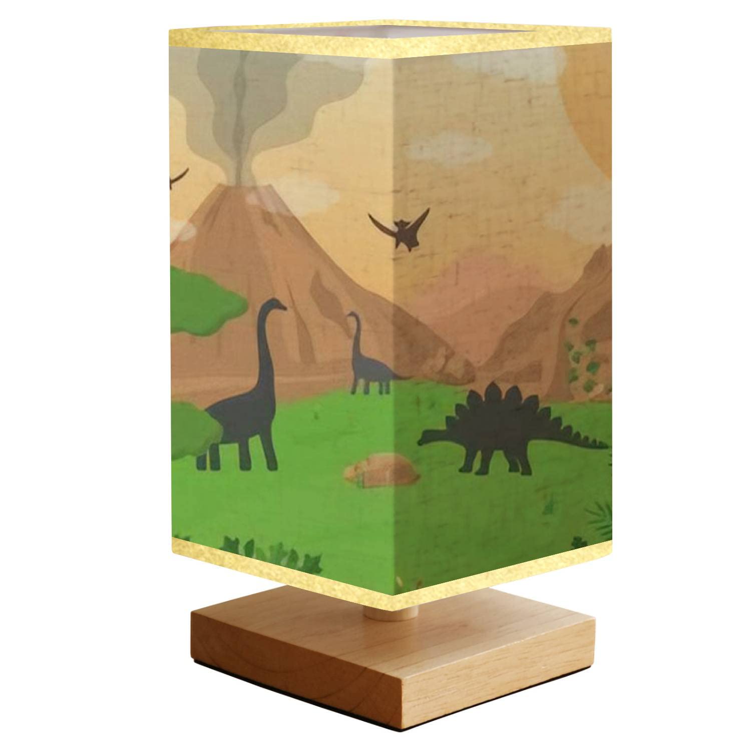 Dinosaur LED Night Light - Square Wooden Bedside Lamp with Fabric Shade for Kids Room, Bedroom & Dorm | Cute Cartoon Dinosaur & Landscape Design | Perfect for Reading, Nighttime Comfort & Nursery Decor