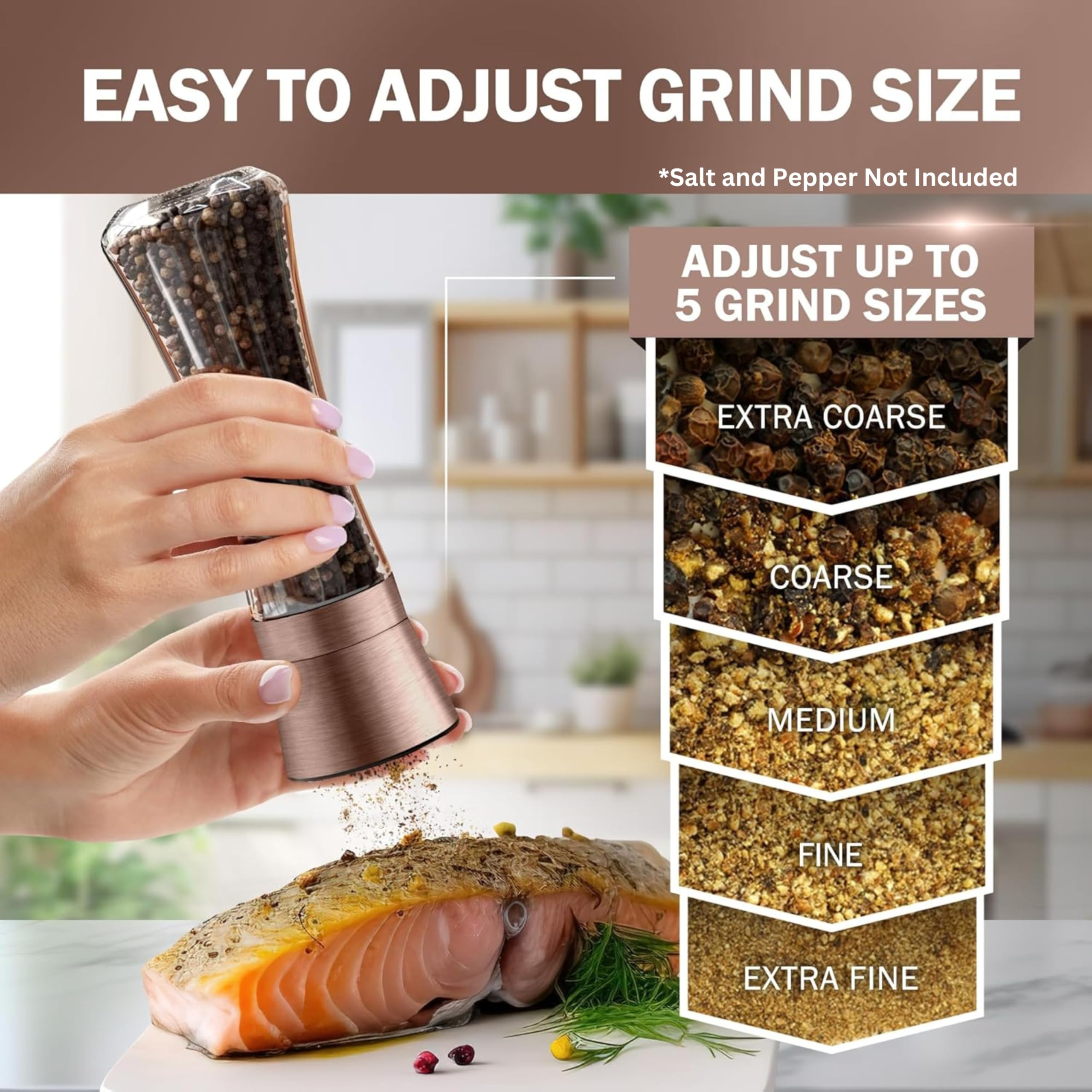 Premium Copper Salt and Pepper Grinder Set - 2 Adjustable Ceramic Core Mills with Glass Containers & Free Funnel + Ebook - Elegant Kitchen Spice Shakers for Cooking, Baking & Table Setting - Durable Copper Kitchen Accessories