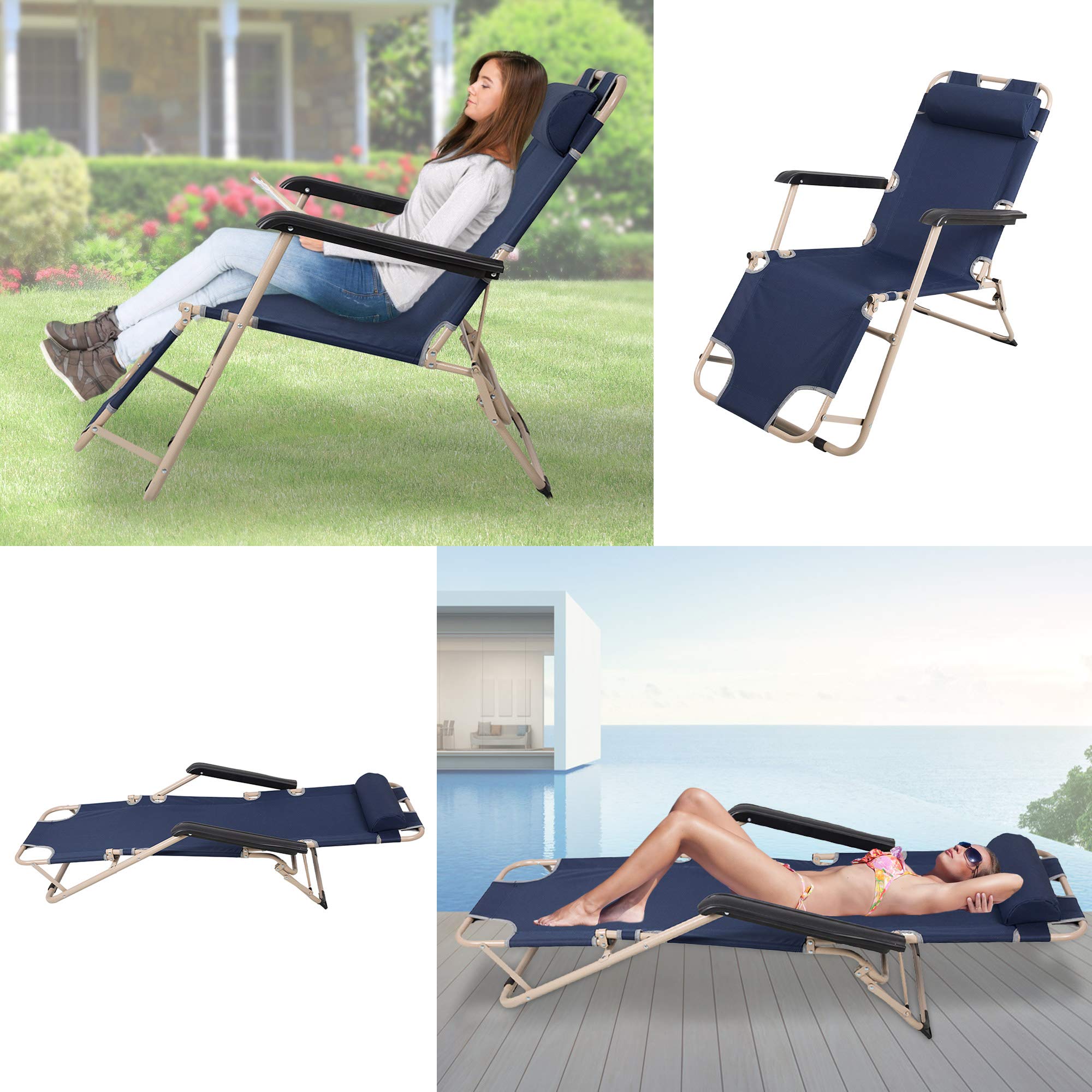 DICALSSE Outdoor Folding Lounge Chairs with Removable Pillow - Set of 2 Dark Blue Patio Chairs for Poolside, Beach, Backyard, Deck & Garden Relaxation | Weather-Resistant & Comfortable Outdoor Seating
