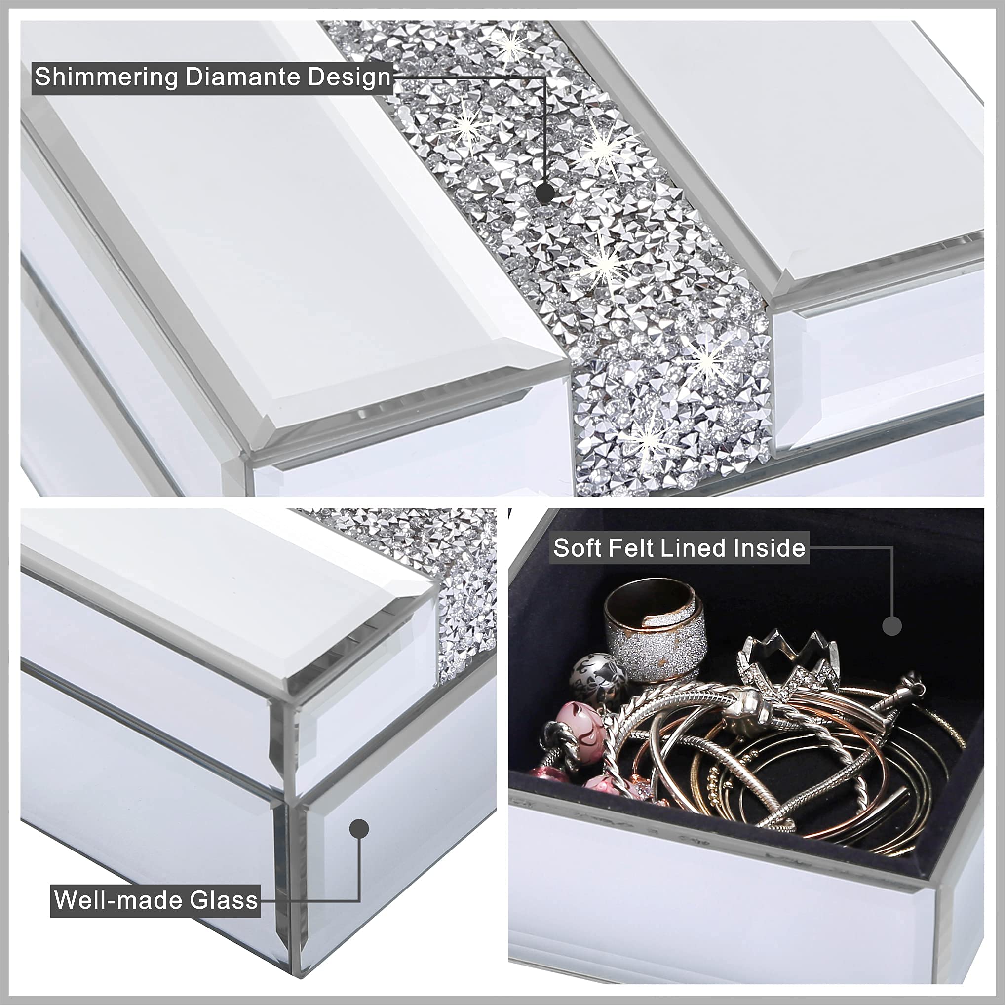 Elegant Small Glass Jewelry Box with Diamante Accents - Decorative Keepsake Storage Organizer for Women & Girls - Perfect for Rings, Necklaces & Earrings - Luxurious Gift for Birthdays, Anniversaries & Special Occasions