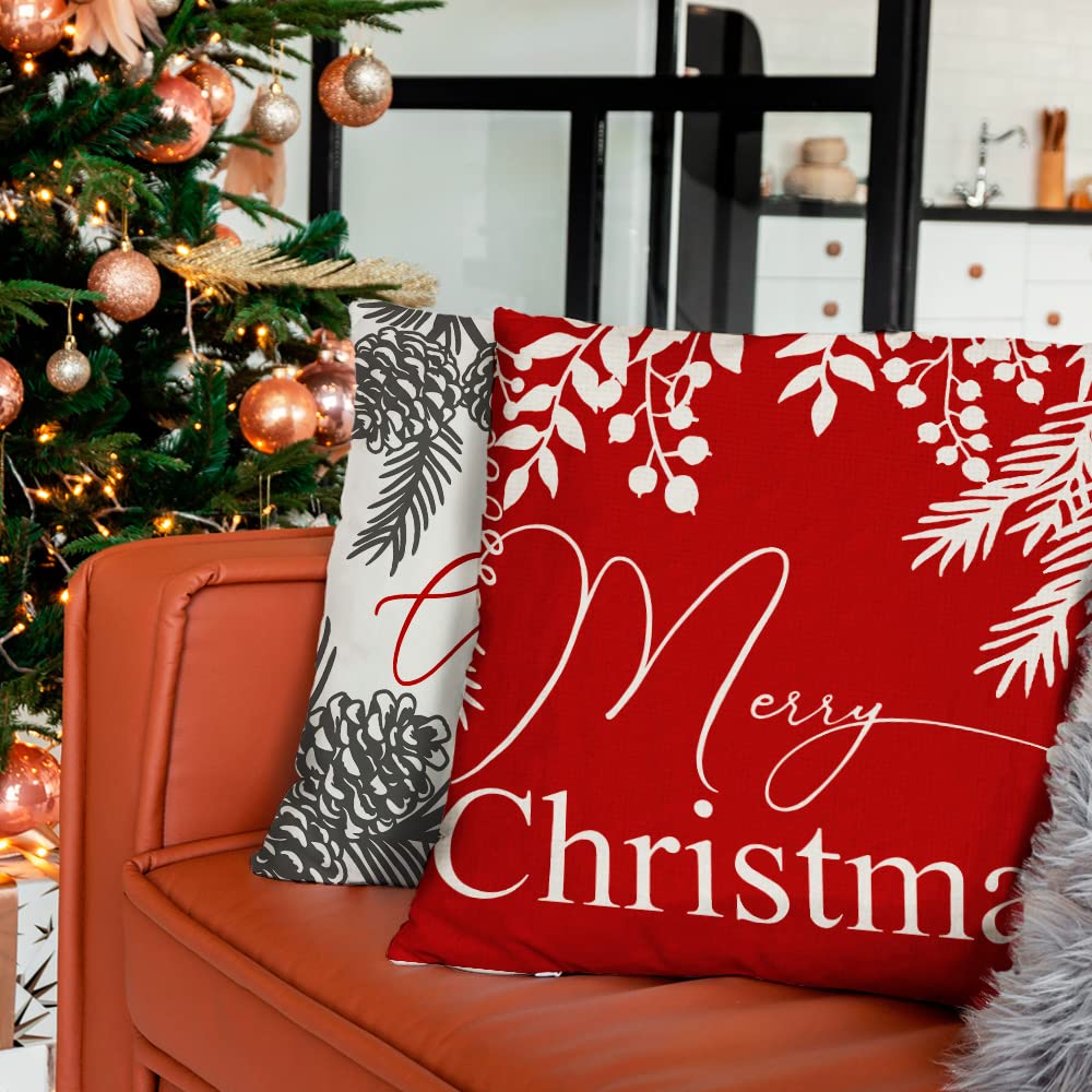 Farmhouse Christmas Throw Pillow Covers 18x18 Inch Set of 4 - Holiday Home Decor for Sofa, Couch & Bed - Cozy Seasonal Living Room & Bedroom Decoration