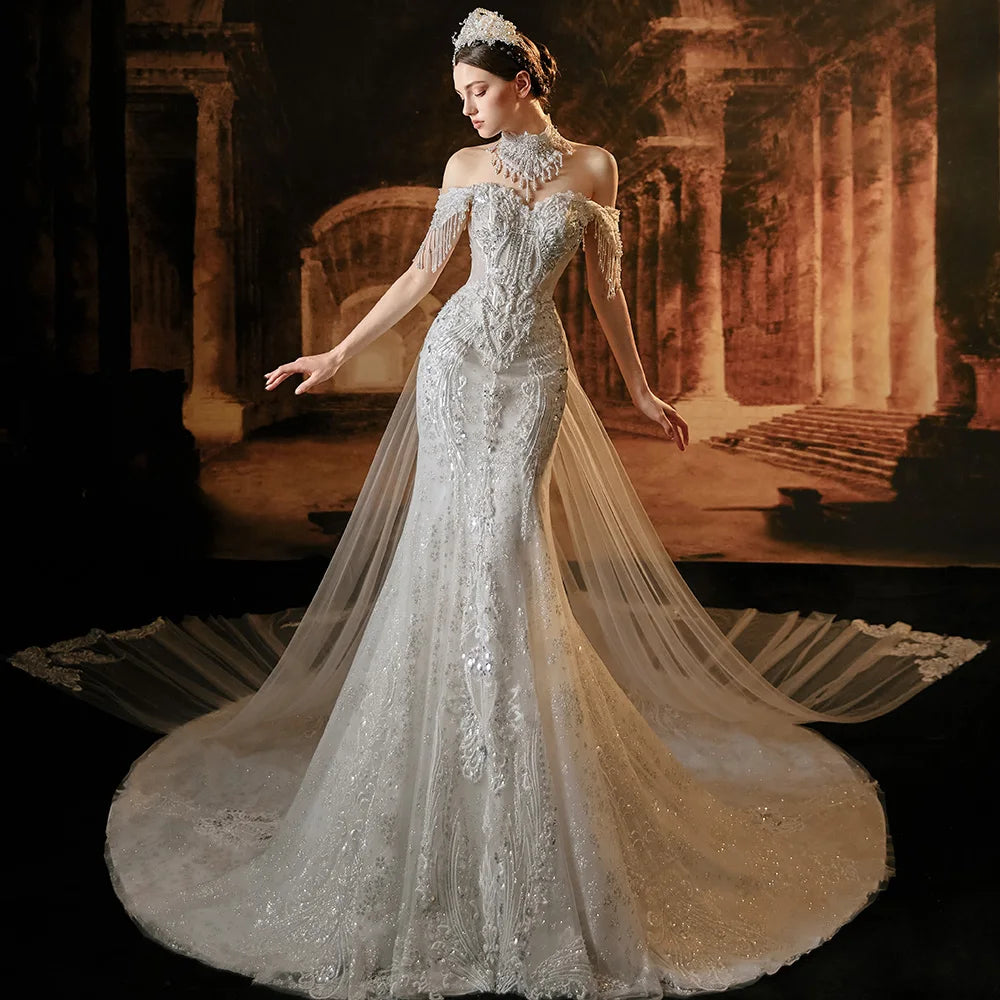 Elegant Mermaid Wedding Dress with Cap Sleeves, Tassel Beading & Lace-Up Back – Perfect for Beach Weddings, Vow Renewals, and Romantic Photoshoots