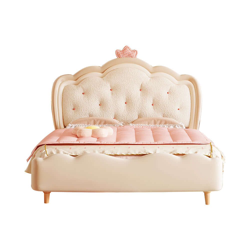 Modern Pink & White Wooden Princess Bed for Kids - Cream Style Elegant Design for Girls' Bedroom Decor & Sleep Comfort