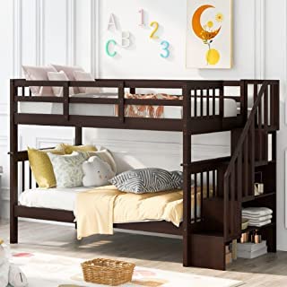 Harper & Bright Designs Twin Over Twin Bunk Bed with Stairs - Solid Wood Bunk Bed Frame with Storage & Guard Rail for Kids, Teens, Adults - Perfect for Bedroom, Dorm, Guest Room & Small Spaces (Espresso)