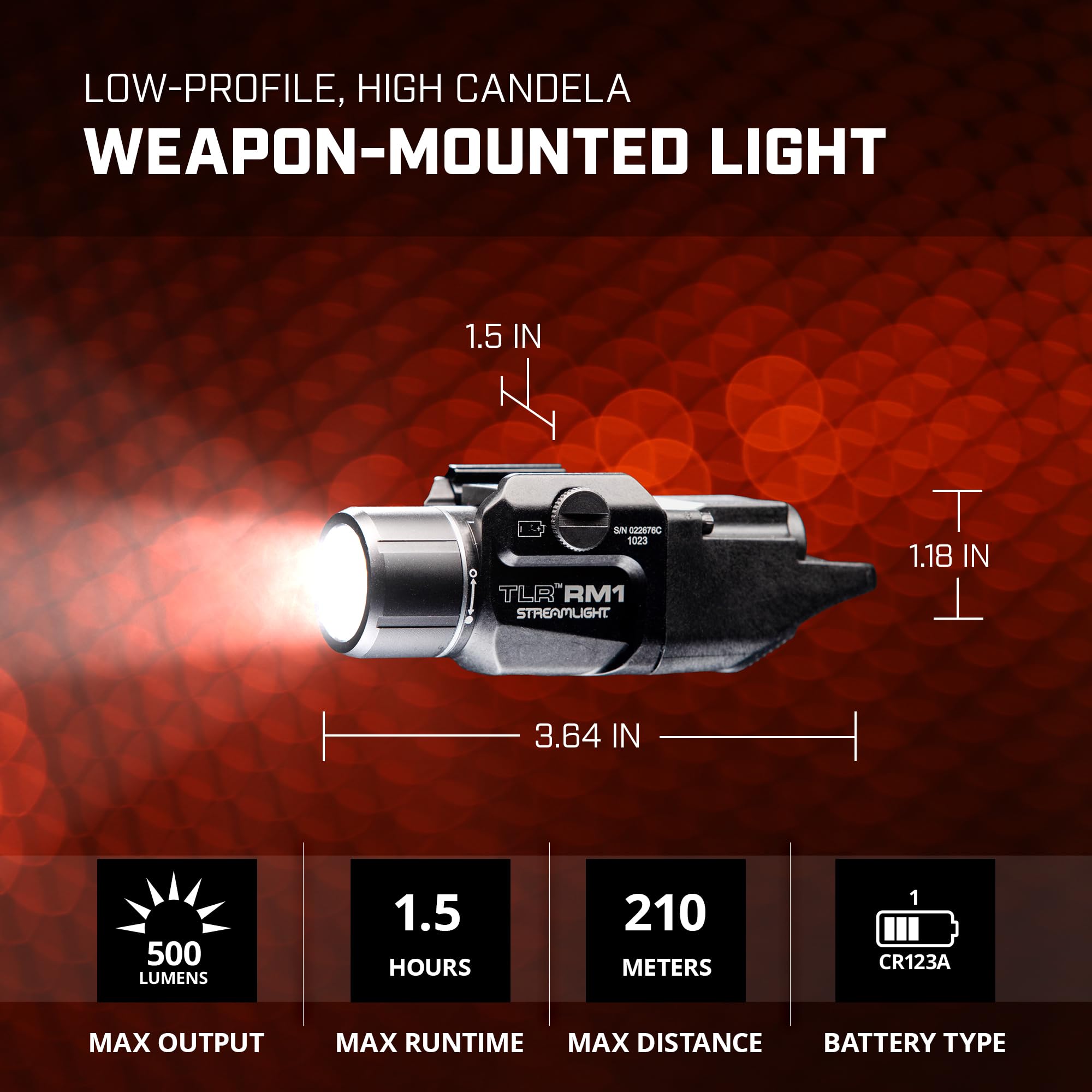 Streamlight 69440 TLR RM 1 500-Lumen Tactical Flashlight - Low Profile Rail Mounted Weapon Light with Rail Keys, Pressure Switch & CR123A Battery - Perfect for Handguns, Rifles & Home Defense (Black)