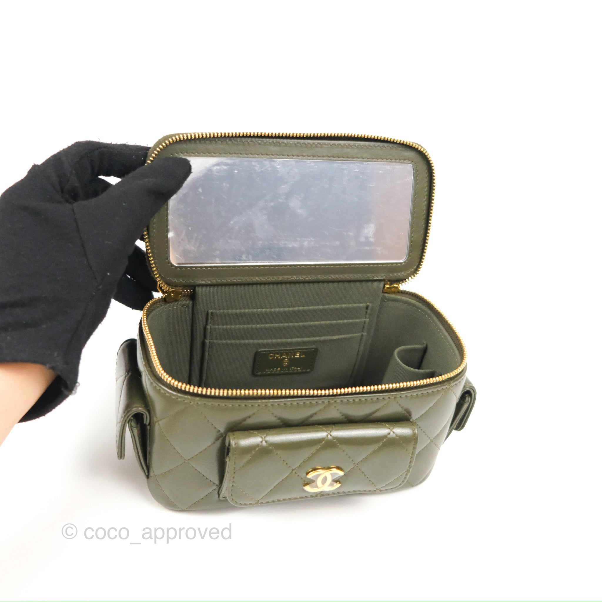 Chanel 22K Khaki Green Lambskin Cargo Pocket Top Handle Vanity Bag with Chain - Luxury Crossbody Purse for Women, Perfect for Date Night & Evening Events