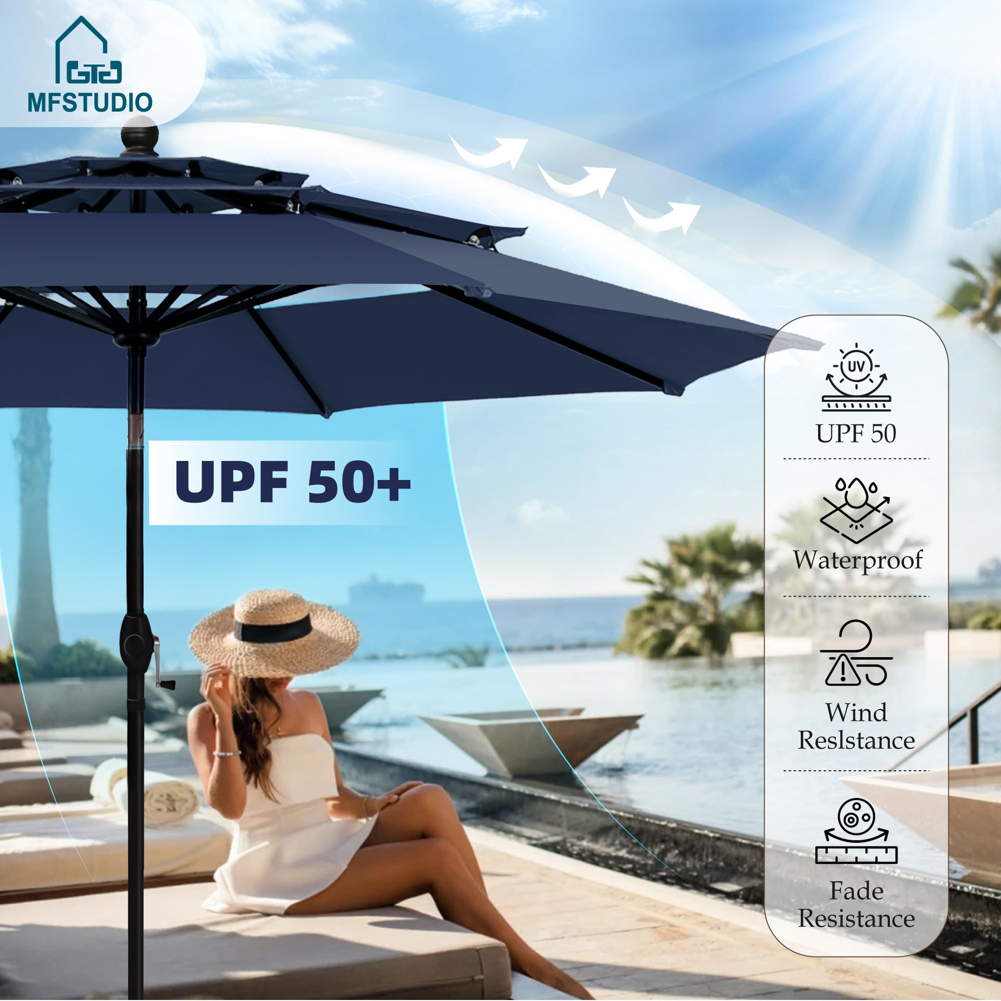 MFSTUDIO 4-Piece Outdoor Patio Dining Set with 10ft Umbrella - Navy Blue Stackable Chairs & Wood-Like Square Table - Perfect for Backyard, Garden, Poolside or Deck Dining (Umbrella Base Sold Separately)