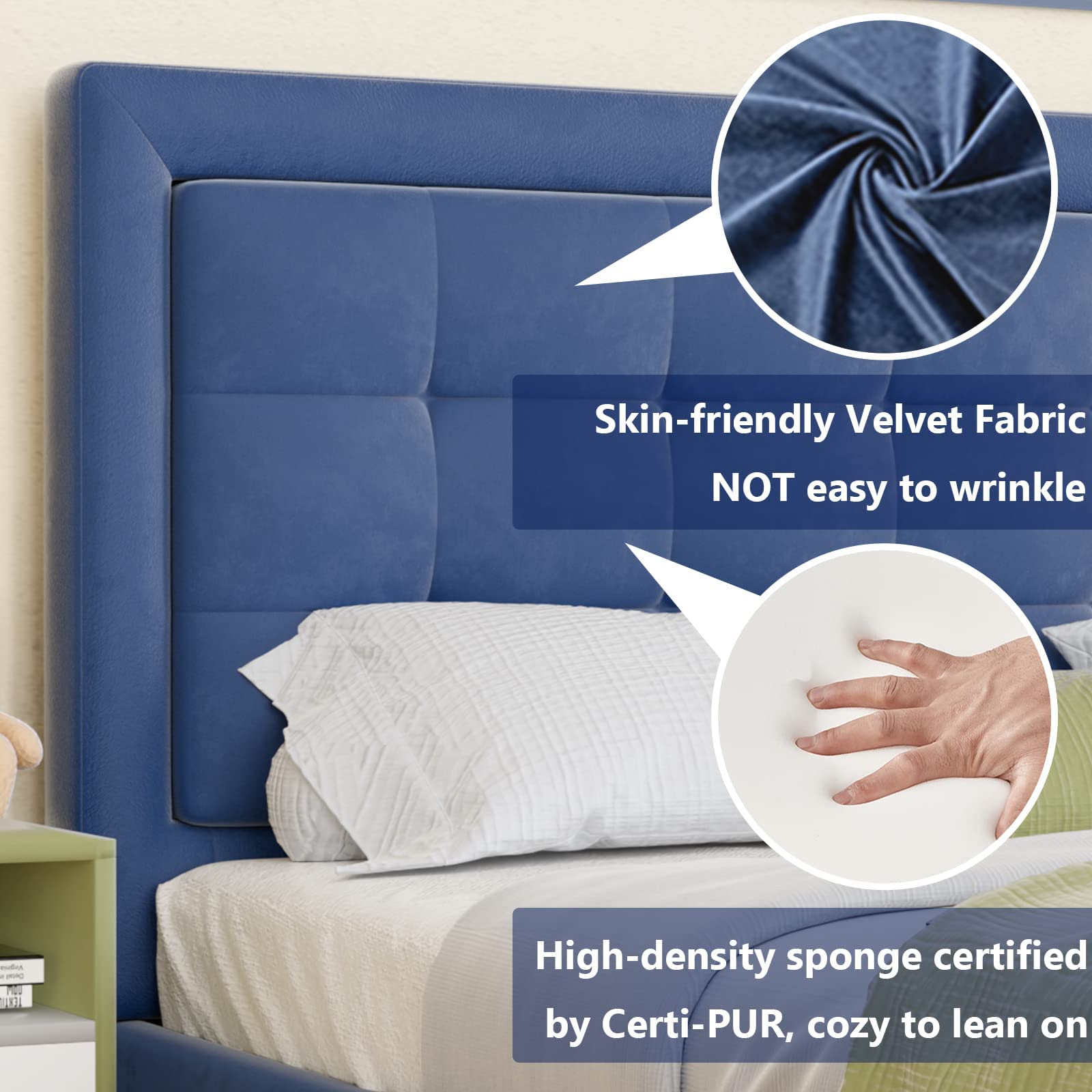 Queen Size Upholstered Platform Bed Frame with Button Tufted Headboard - Wood Slat Support, No Box Spring Needed - Blue Velvet Fabric - Easy Assembly Bedroom Furniture for Master Bedroom, Guest Room & Apartment