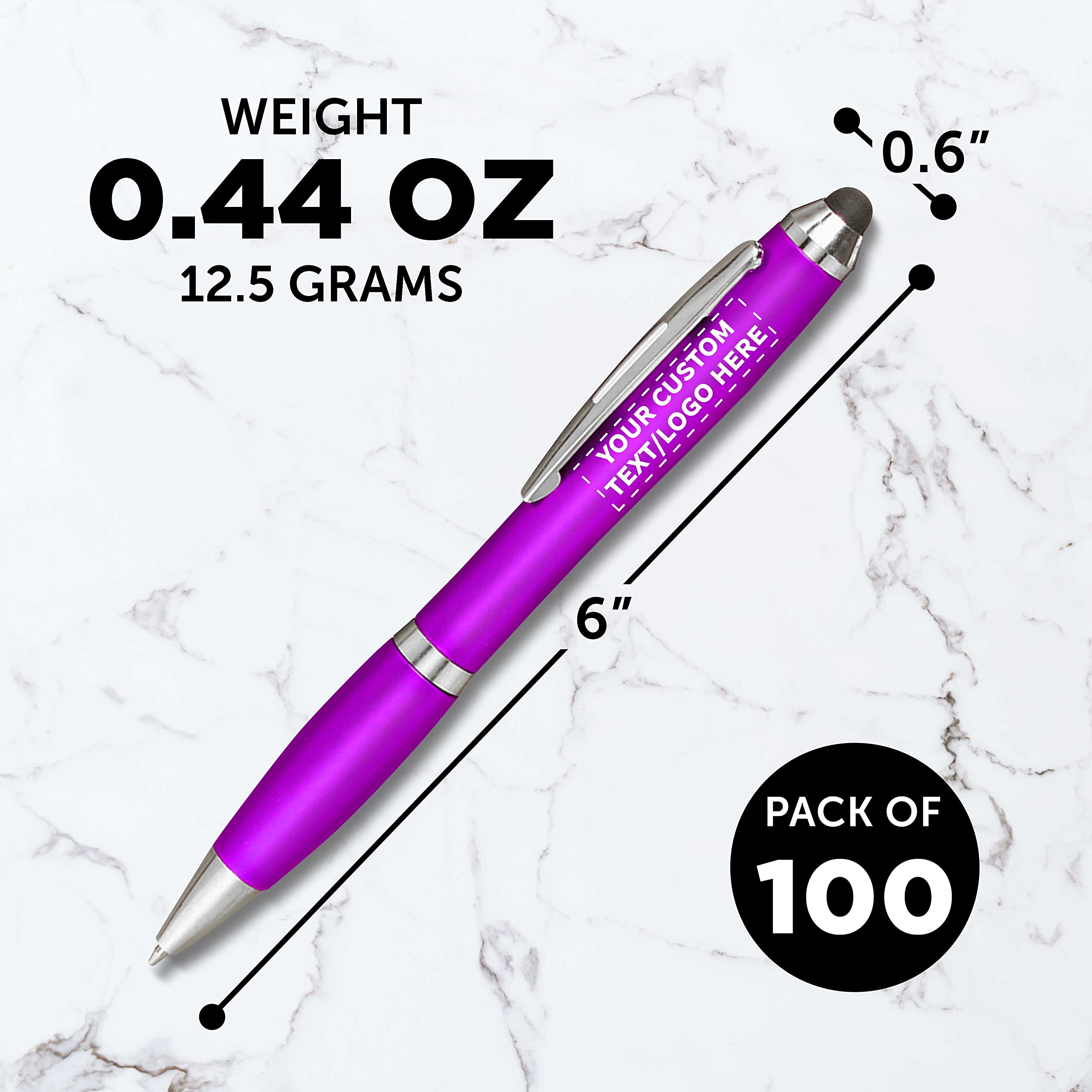 Custom Plastic Stylus Pens - Bulk Pack of 100 with Black Ink, Personalized for Office, School & Business Use - Perfect for Tradeshows, Events & Digital Devices (Purple)