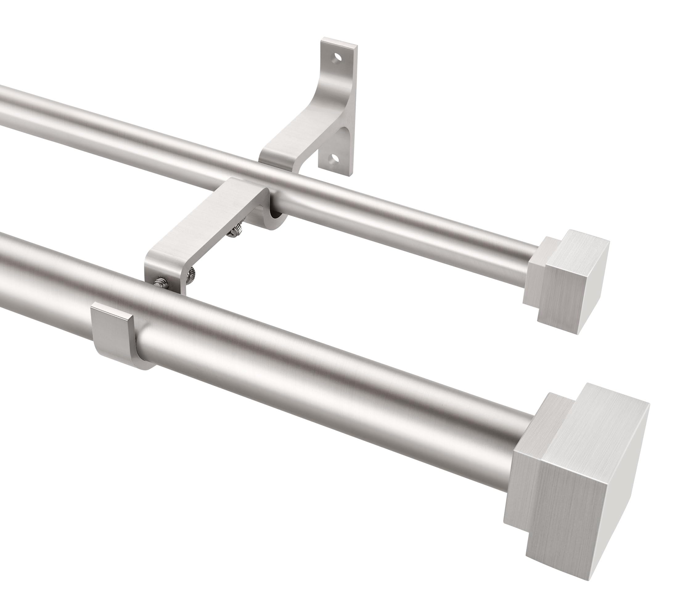 1 Inch Modern Double Window Curtain Rods - 72-144 Inch Adjustable Telescoping Heavy Duty Drapery Rods with Decorative Solid Square Allufer Finials - Dual Curtain Rod for Living Room, Bedroom & Home Decor (Brushed Nickel Finish)
