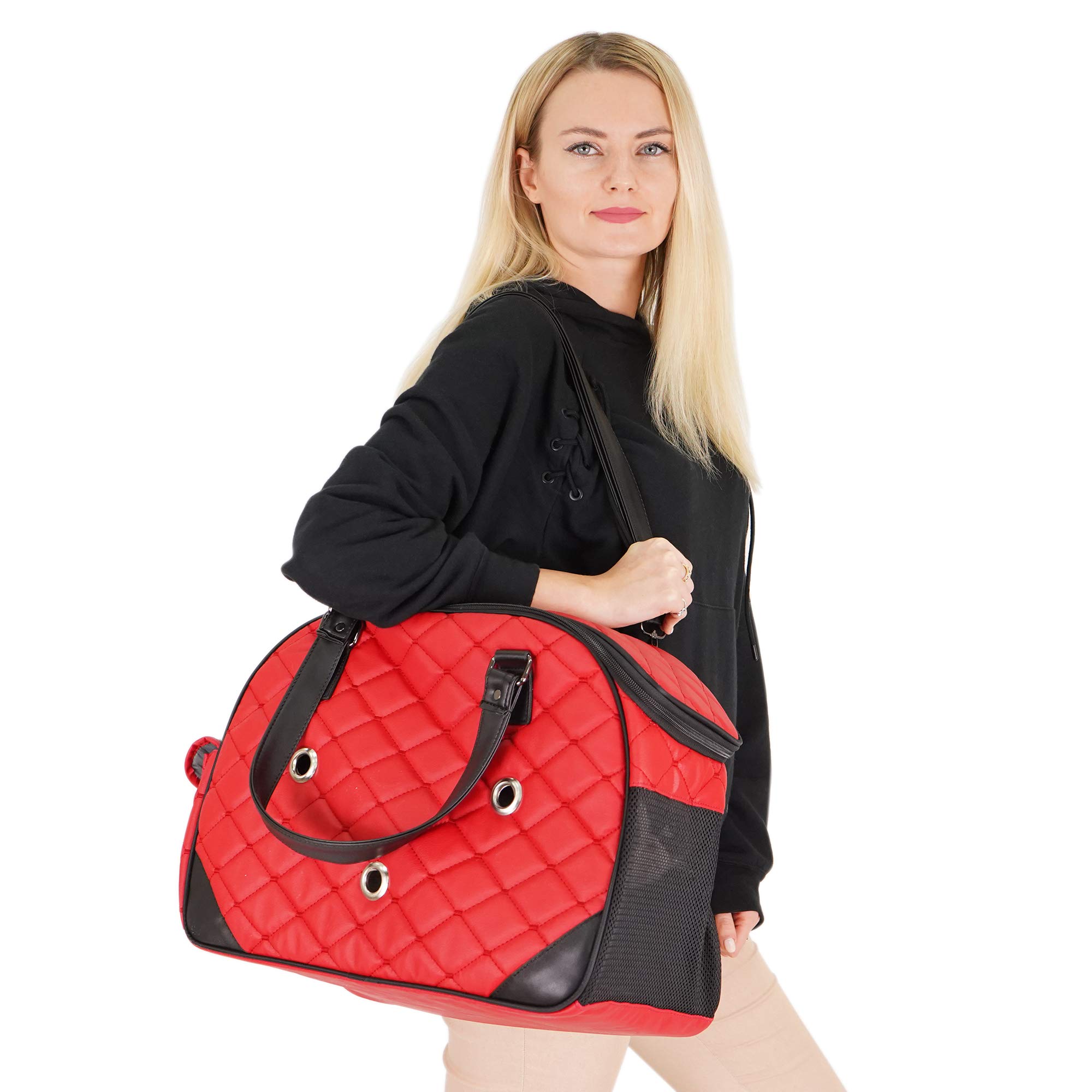 SUSSEXHOME Waterproof Faux Leather Pet Carrier for Small Dogs & Cats - 17.3 x 8.25 x 10.6 Inch Travel Tote Bag with Double Strap - Airplane, Car & Vet Visits - Red