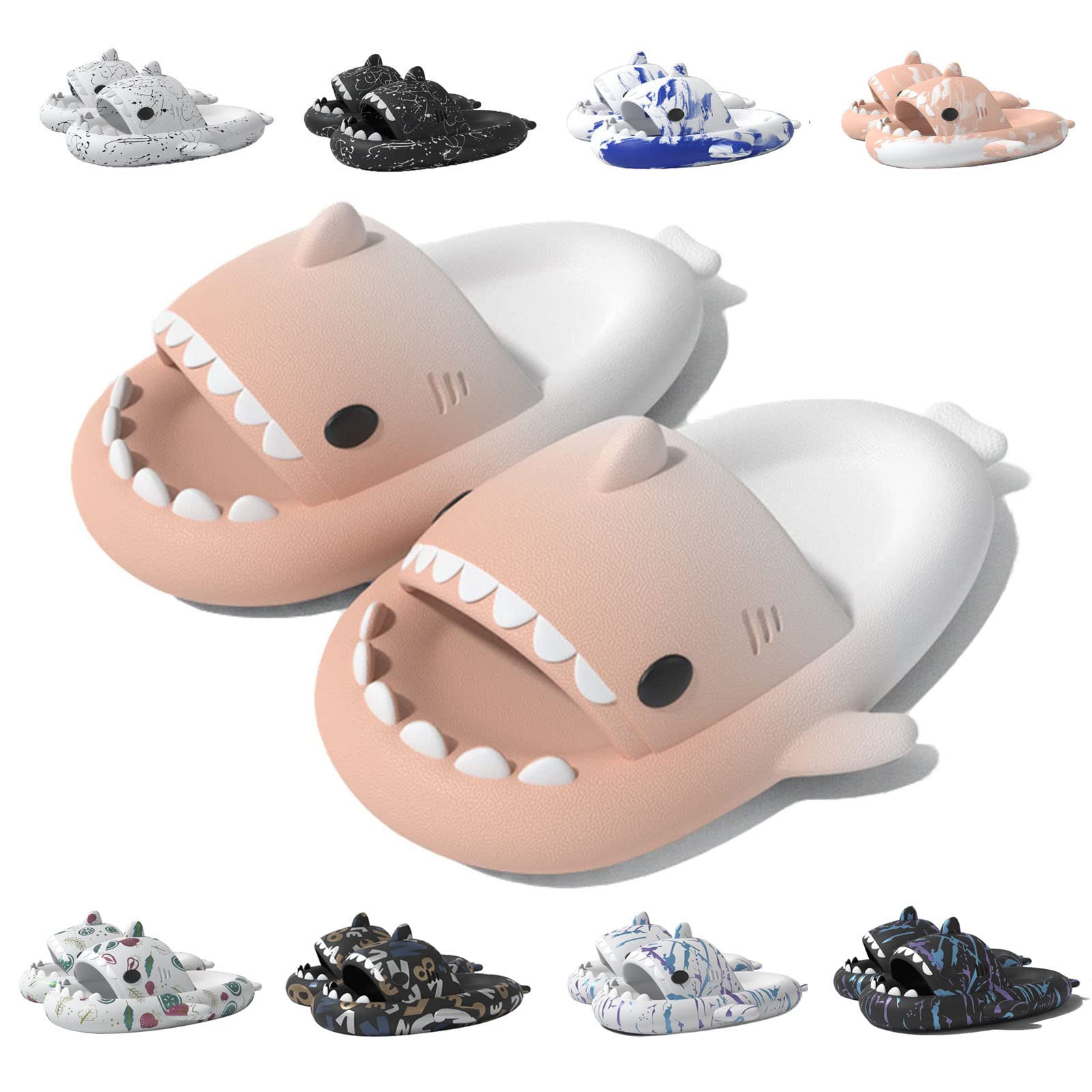 **Kejigan Unisex Cartoon Shark Slippers - Anti-Slip Graffiti Shark Slides for Men & Women - Cute & Comfortable House Shoes for Indoor, Beach & Poolside Wear**