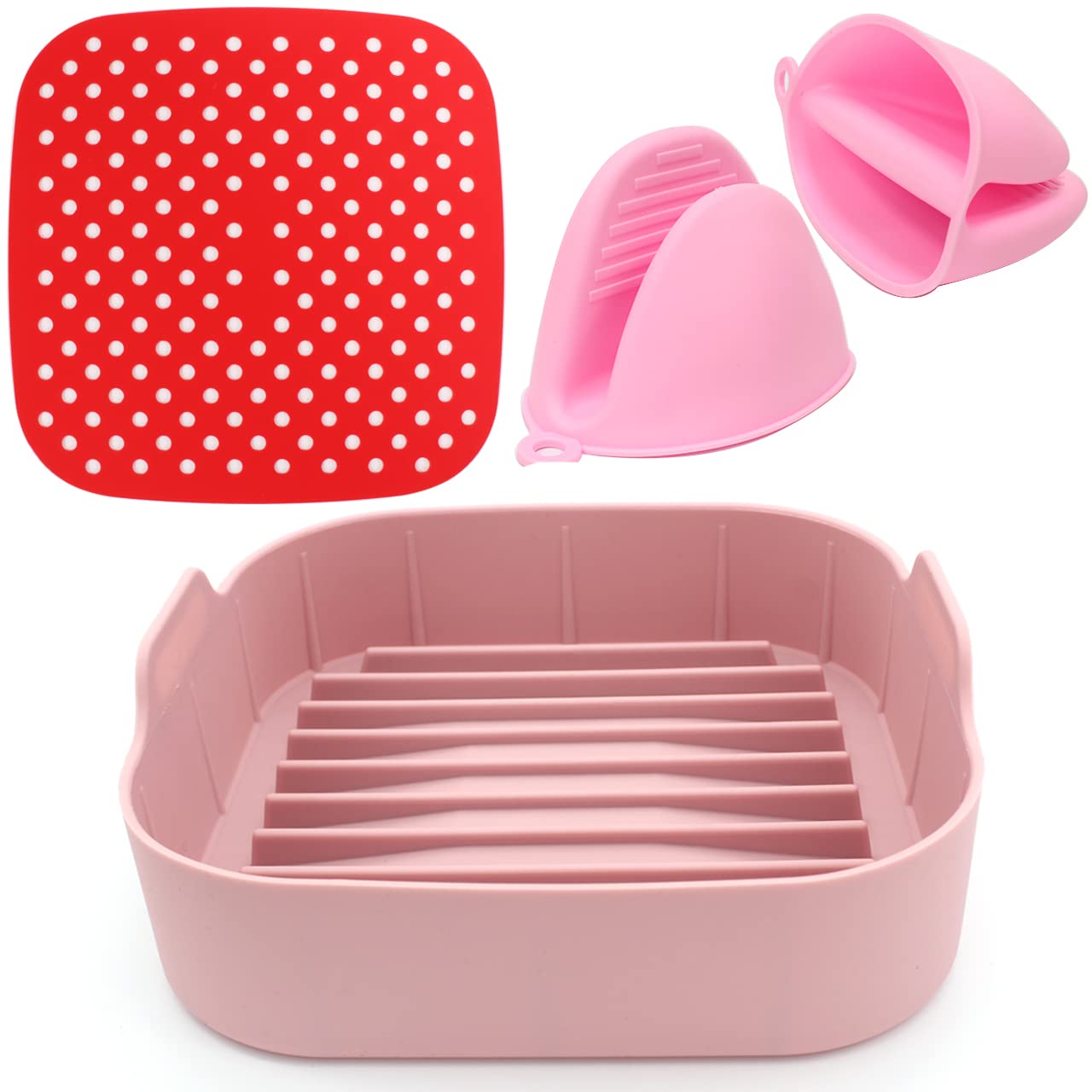 Air Fryer Accessories Set - Reusable Silicone Basket Mat & Pot Liner (4Qt+ Compatible) with 2 Mini Oven Mitts - Parchment Paper Replacement for Healthy Cooking | Perfect for Air Frying, Baking, Roasting & Meal Prep
