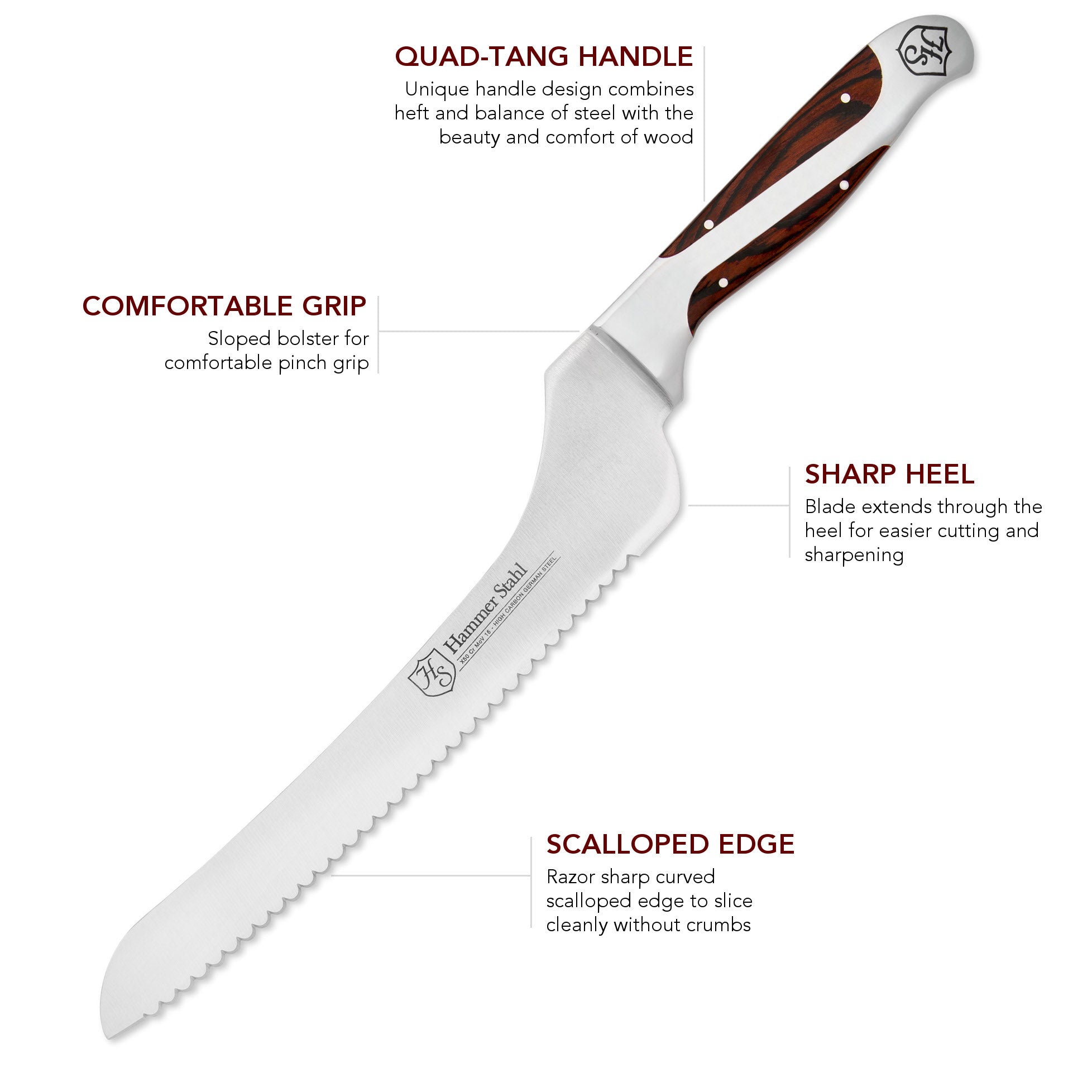 Hammer Stahl 9-Inch Offset Bread Knife - Premium Serrated Blade for Slicing Bread, Cakes & Pastries - Perfect for Home Bakers & Professional Chefs