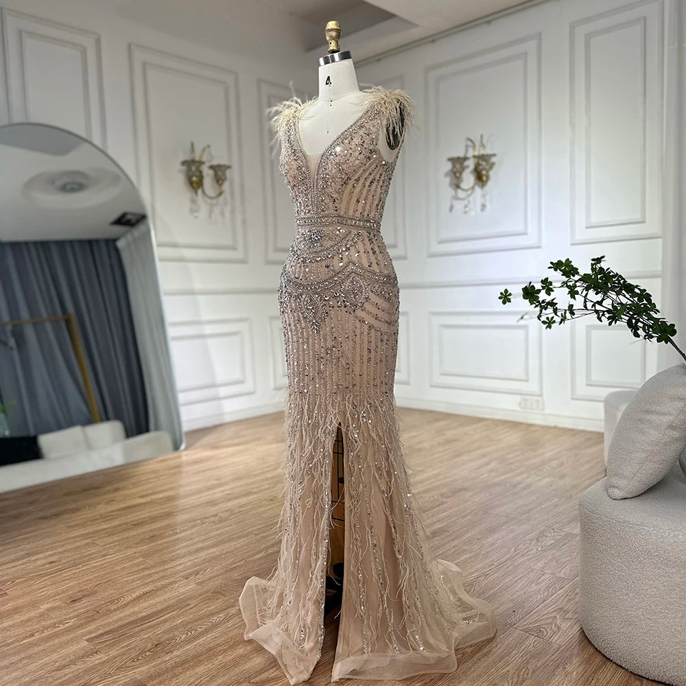 Elegant Dubai Arabic Blue Beaded Feather Mermaid Evening Gown for Women - Formal Occasion Long Dress LA72742 | Perfect for Weddings, Galas, and Red Carpet Events