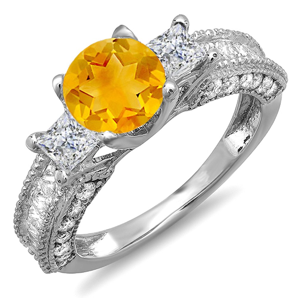 14K Solid White Gold Women's 3 Stone Engagement Ring with Yellow Citrine & White Diamonds | Dazzlingrock Collection | Perfect for Bridal, Wedding, Anniversary & Proposal Gifts