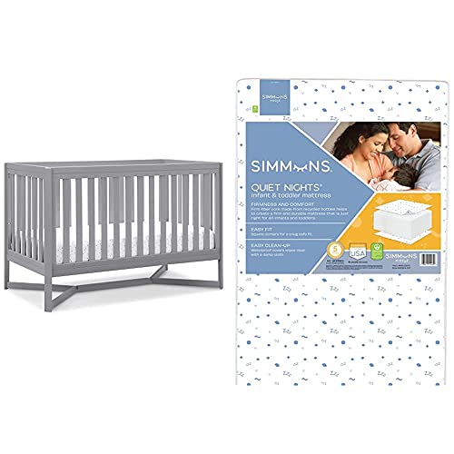 Delta Children Tribeca 4-in-1 Convertible Baby Crib with Simmons Kids Quiet Nights Eco-Friendly Toddler Mattress - GREENGUARD Gold Certified, Grey | Nursery Bedroom Furniture for Newborns & Toddlers | Safe, Sustainable Sleep Solution Made from Recycled Water Bottles