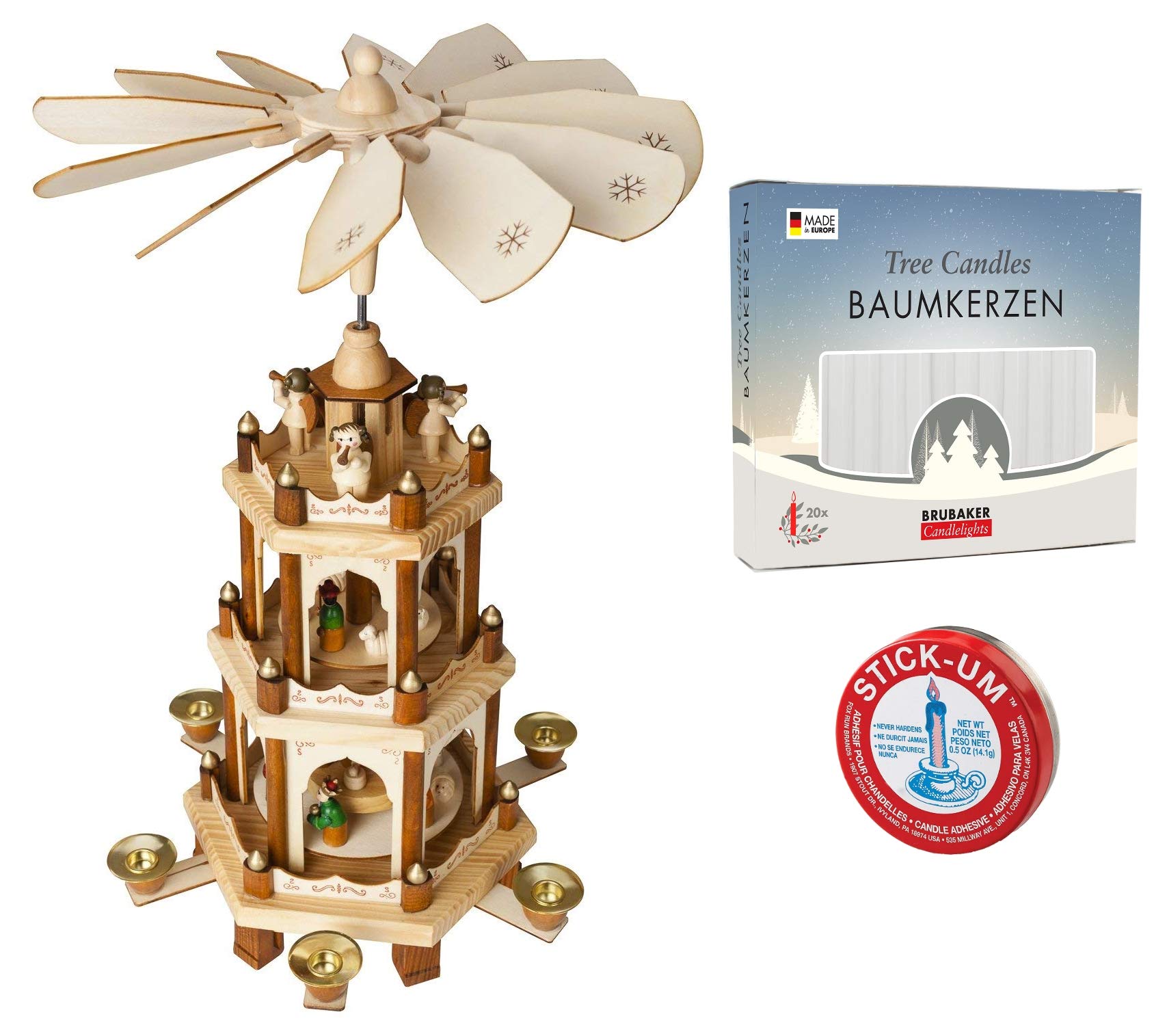 BRUBAKER 3-Tier 18-Inch Christmas Pyramid Set with 20 White Candles & Candle Adhesive - Perfect for Holiday Home Decor, Table Centerpiece, and Christmas Gift