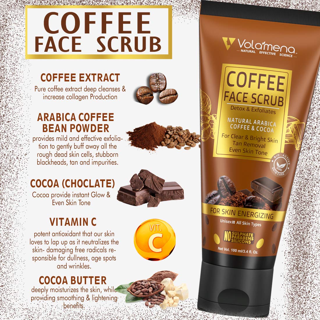 Volamena Exfoliating Coffee Face Scrub with Cocoa & Arabica Beans - 100ml Natural Skincare for Clear, Bright Skin | Gentle Cleansing & Dead Skin Removal for Daily Facial Care Routine
