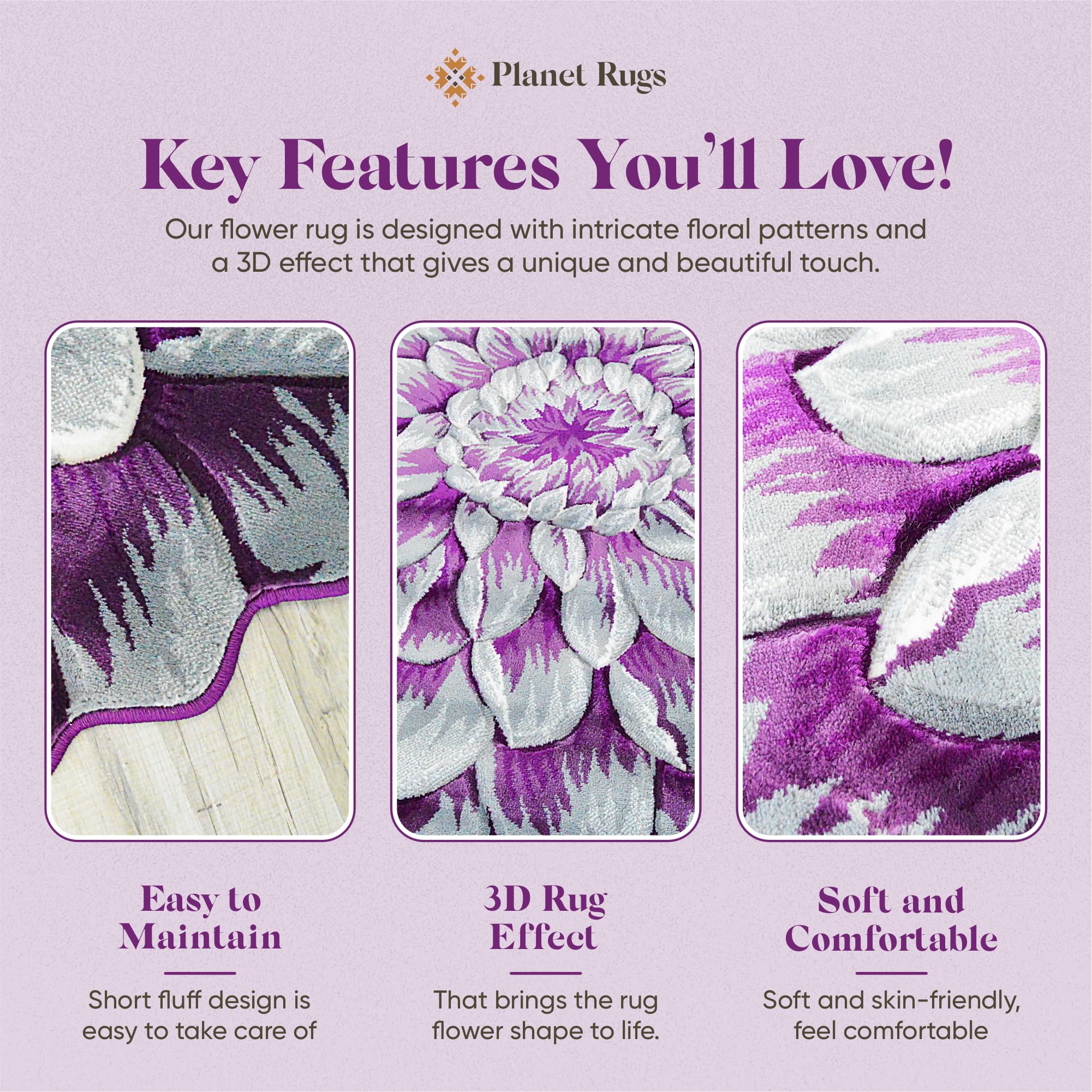 6ft Round Flower Shaped Area Rug - Soft Plush Circle Carpet for Bedroom, Living Room & Nursery - Girly Purple Floral Decor (303) | Perfect for Boho Chic Home Decor & Kids Play Area