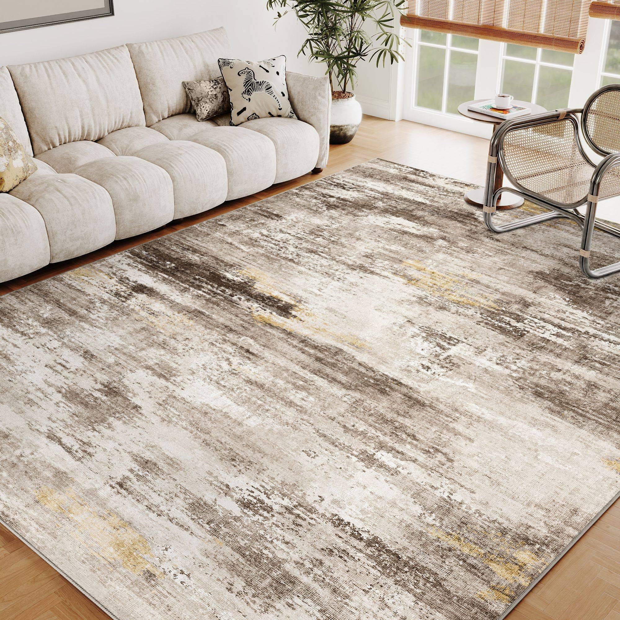 Modern Abstract 5x7 Brown Washable Area Rug - Non Slip Low Pile Neutral Throw Carpet for Living Room, Bedroom, Dining Room & Office - Perfect for Home Decor, Accent Flooring and Cozy Spaces