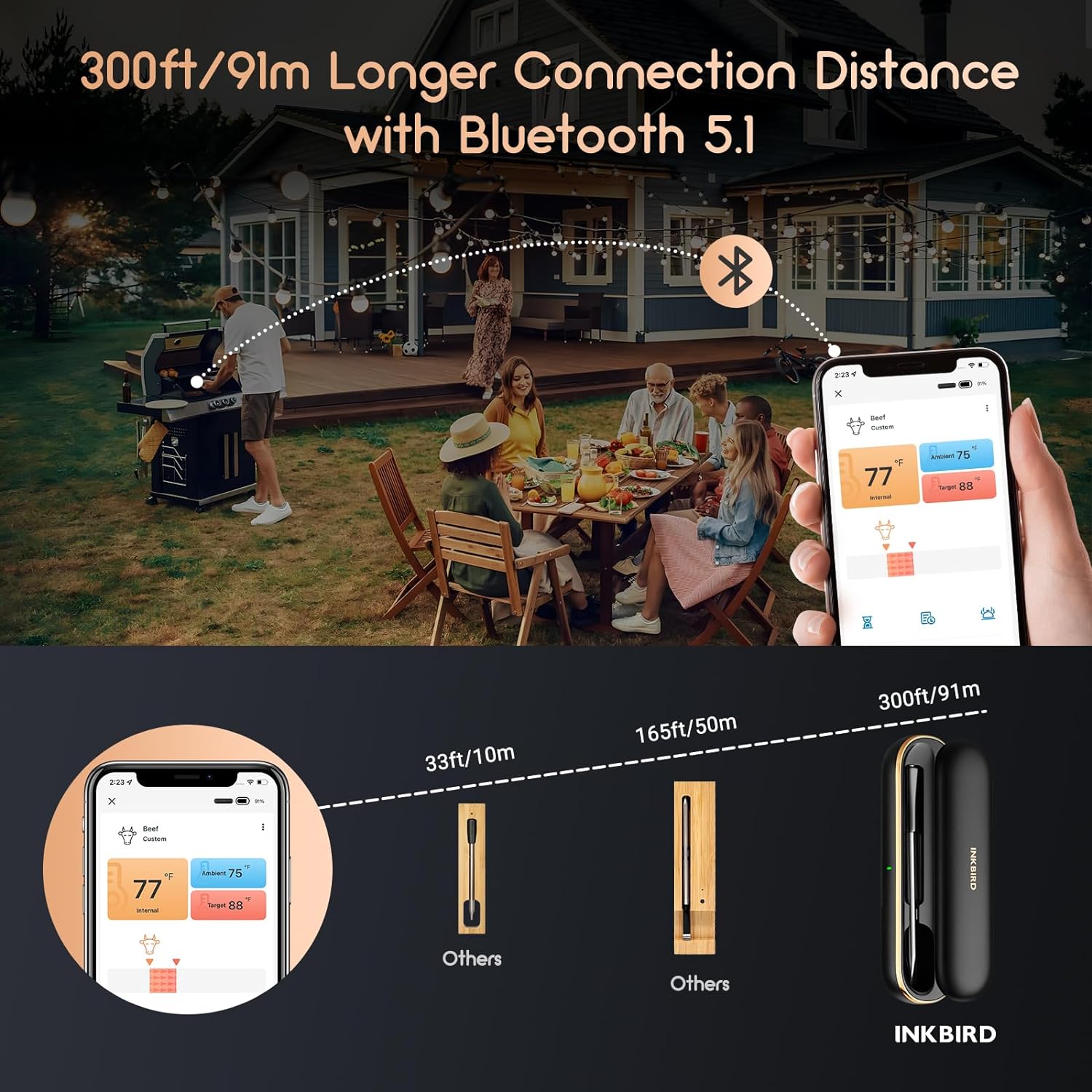 Wireless Bluetooth Meat Thermometer for Grilling, Smoking & BBQ - INT 11P B - Perfect for Steak, Chicken, Turkey & Outdoor Cooking