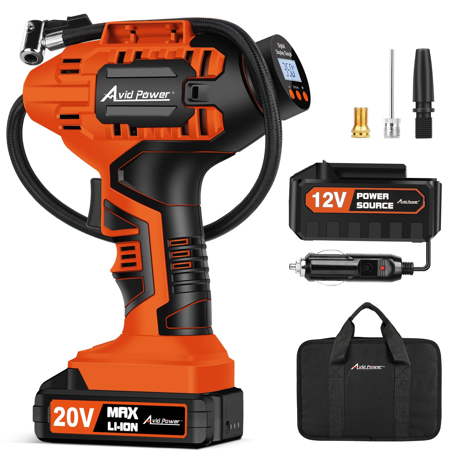 **Avid Power 20V Cordless Tire Inflator Portable Air Compressor – Rechargeable Battery Tire Pump with Digital Pressure Gauge, 12V Car Adapter – Fast Inflation for Cars, Bikes, Sports Balls & More (Orange)**
