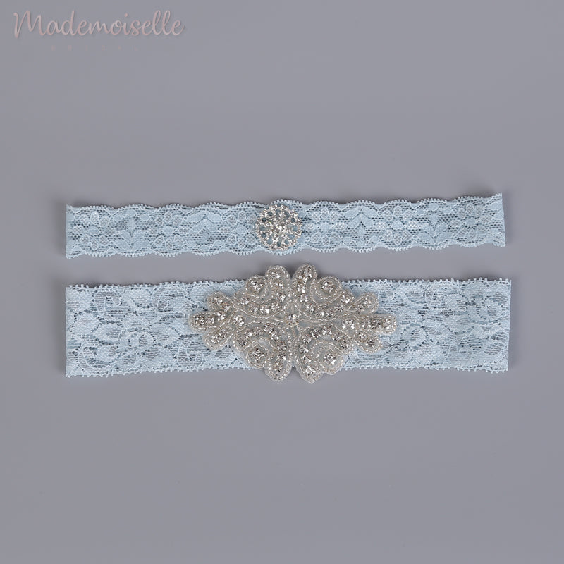 Elegant French Lace & Rhinestone Wedding Garter Set - Perfect for Bridal Shower, Boudoir Photos & Something Blue Tradition