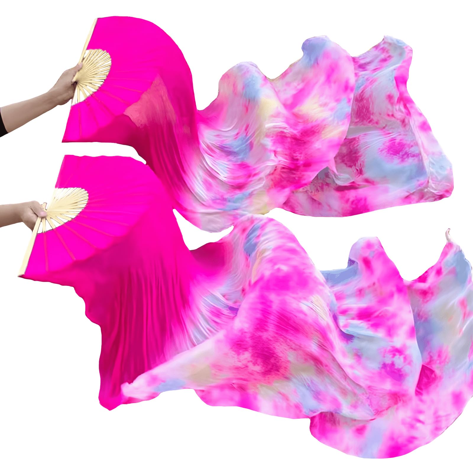 Aumulen Real Silk Belly Dance Fan Veils - Handmade Colorful Tie-Dyed Dance Scarf for Women (1 Pair Left+Right) | Perfect for Belly Dancing, Performances, Yoga & Costume Accessories