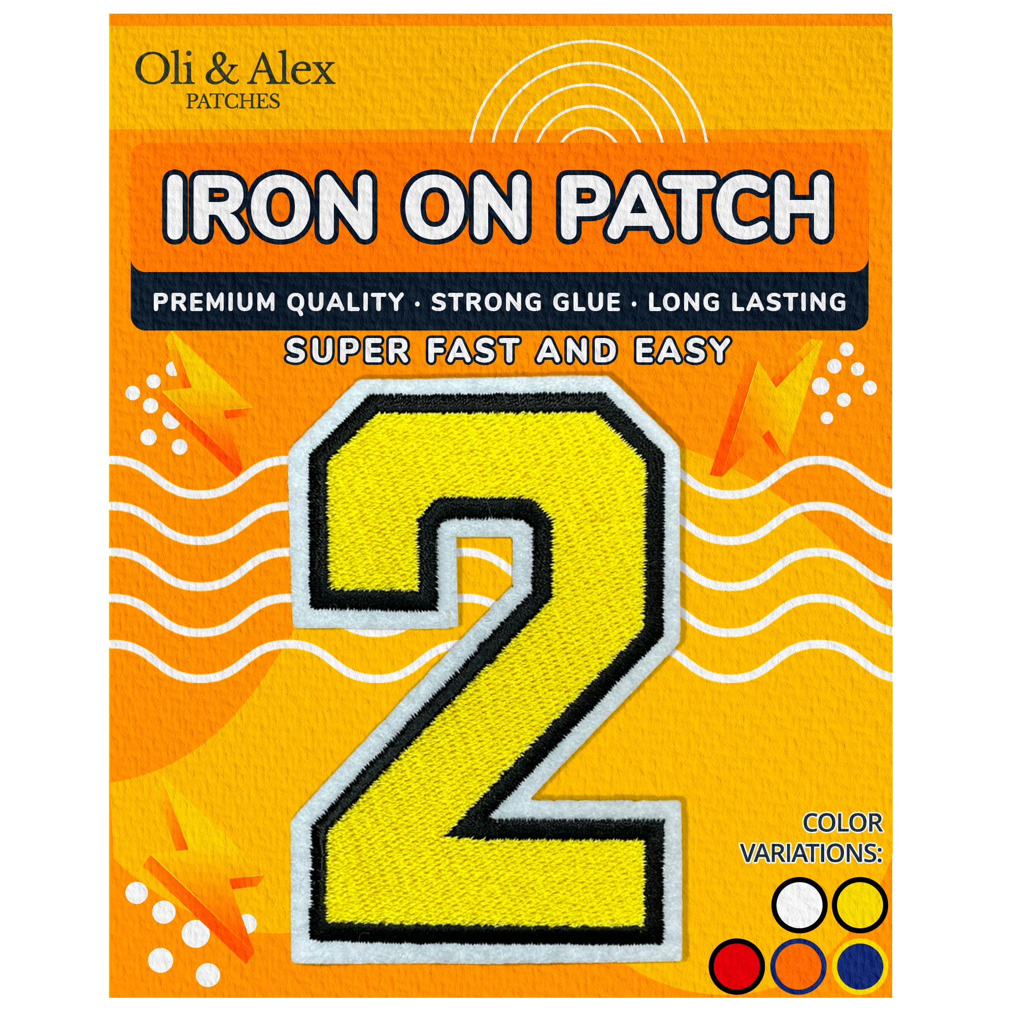Yellow Iron On Patches - Embroidered Number 2 Appliques for Clothes Repair & Decoration - No Sew Super Glue Backing - Perfect for DIY Crafts, Jeans, Jackets & Sports Jerseys