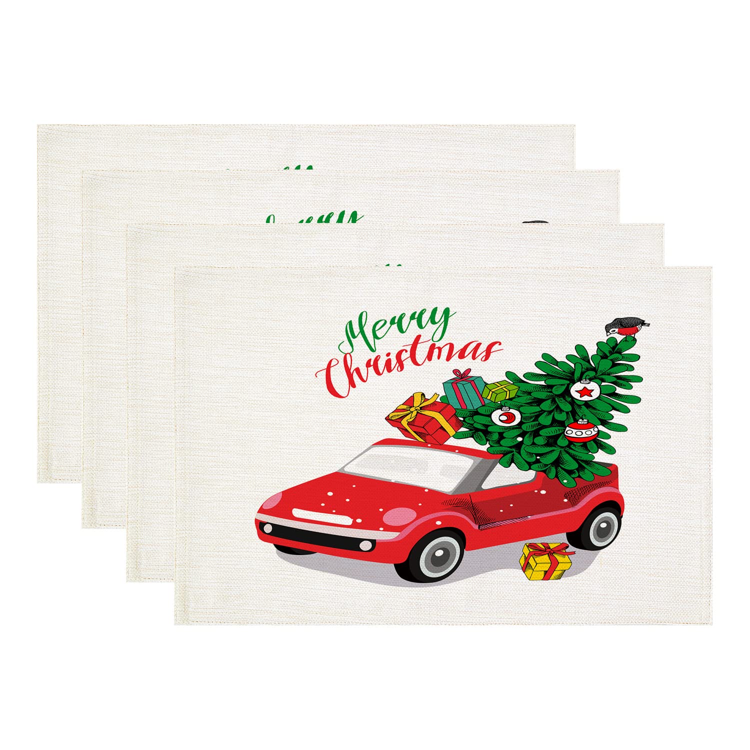 Vintage Red Christmas Truck & Tree Woven Burlap Placemats - Set of 4 Round Farmhouse Table Mats for Dining, Wedding, Indoor & Outdoor Holiday Decor - Perfect for Christmas Dinner, Party & Home Decoration