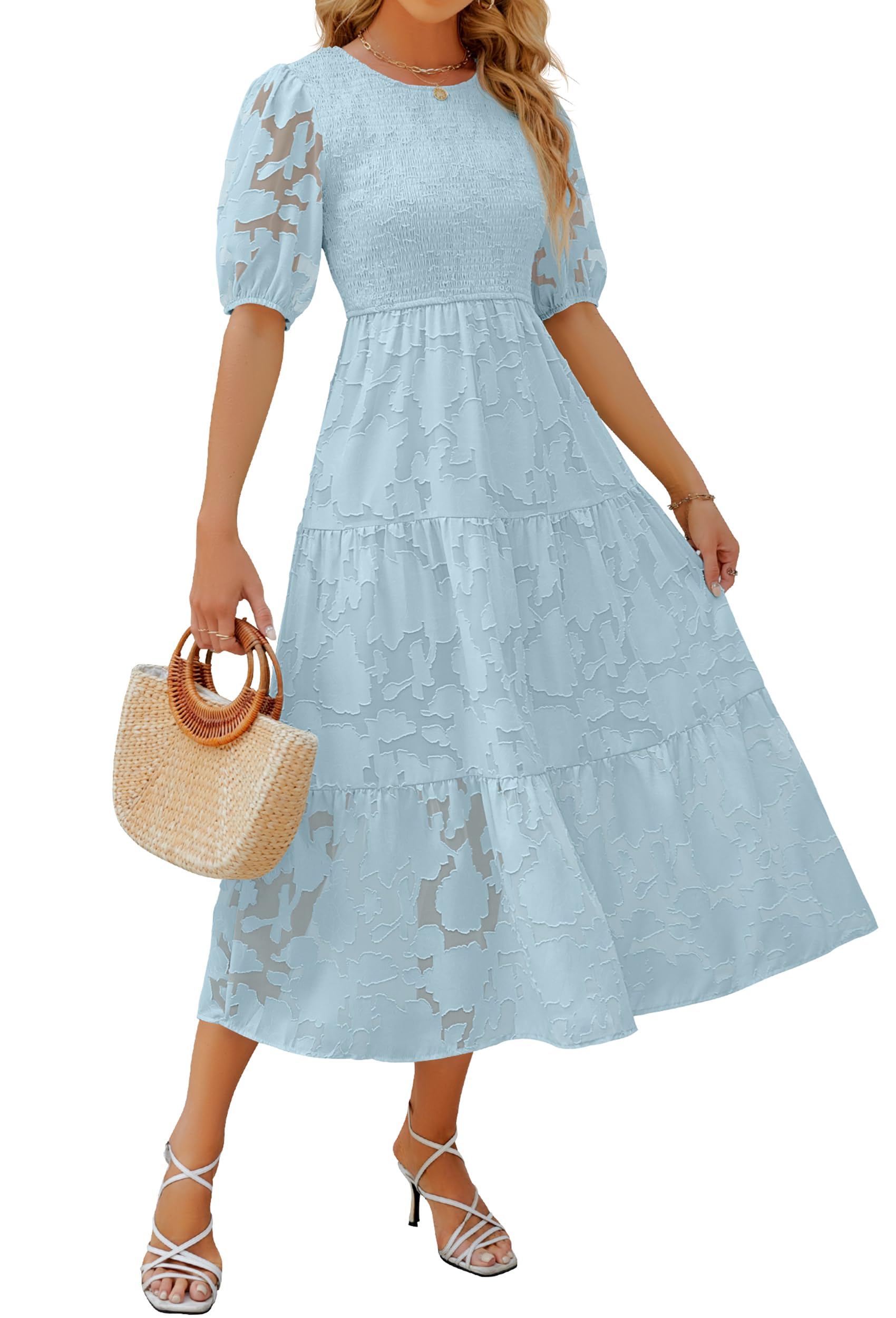 ZESICA Women's Summer 2025 Floral Lace Maxi Dress - Puff Sleeve, Crewneck, Smocked Waist, A-Line Tiered Design for Beach, Wedding & Party Occasions