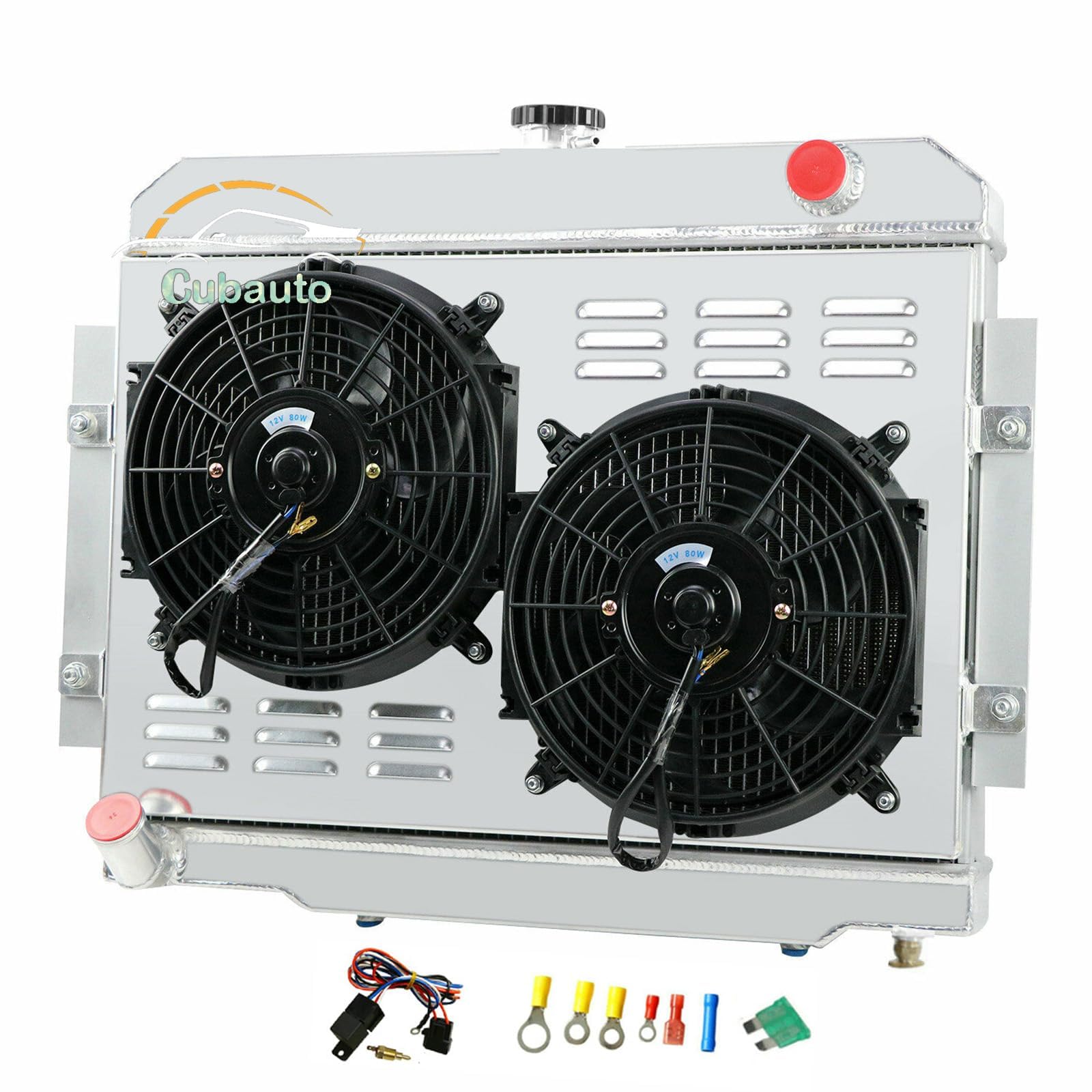 4 Row Aluminum Radiator with Shroud Fan & Relay for Jeep CJ5 CJ6 CJ7 Scrambler 3.8L 4.2L 5.0L I6 (1972-1986) - High Performance Cooling Upgrade for Off-Road & Classic Jeep Restoration