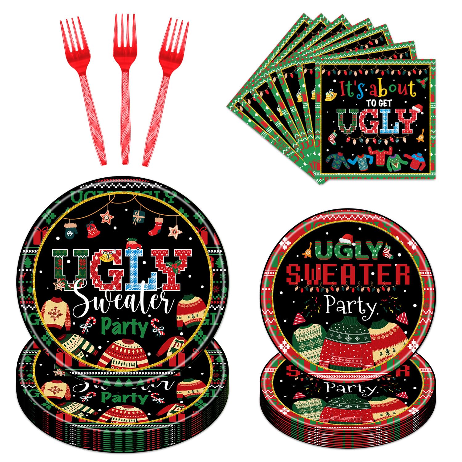96PCS Ugly Christmas Sweater Party Supplies Set - Disposable Plates, Napkins & Forks for 24 Guests | Tacky Holiday Dinnerware for Xmas Decorations & Ugly Sweater Theme Parties