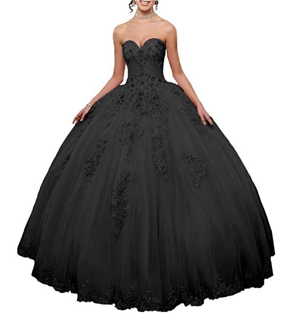 Emmani Women's Sweetheart Quinceanera Dress with Lace Appliques - Elegant Black Princess Prom Party Gown for Quinceañera, Homecoming, Wedding & Special Occasions