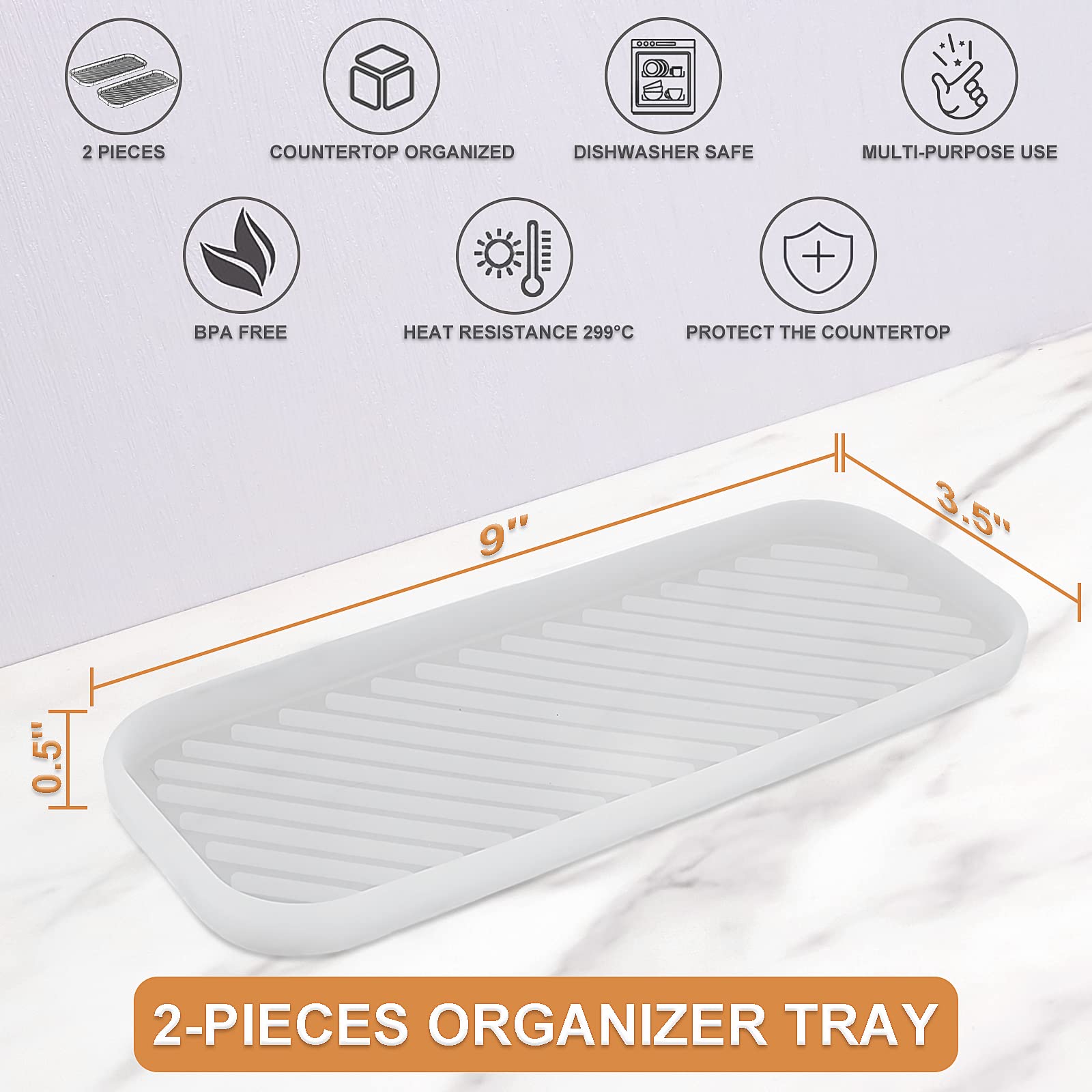 Clear Silicone Organizer Tray - 2 Pack Kitchen Sink & Bathroom Storage Tray for Soap, Sponge, Dish Brush & Accessories | Perfect for Organizing Dishwashing Supplies & Bath Essentials