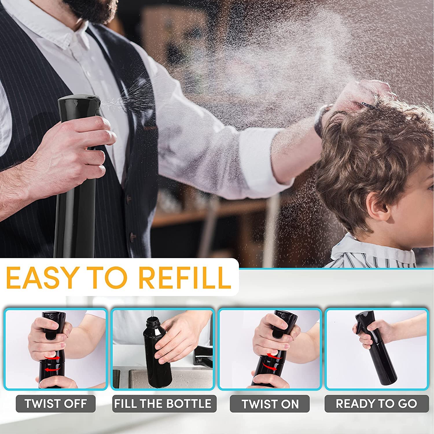 VMITRA 300ml Black Continuous Spray Bottle - Ultra Fine Mist Empty Water Dispenser for Hair Styling, Plants, Cleaning, Salon, Face, Fragrance & Skin Care | Perfect for Home, Garden & Beauty Use