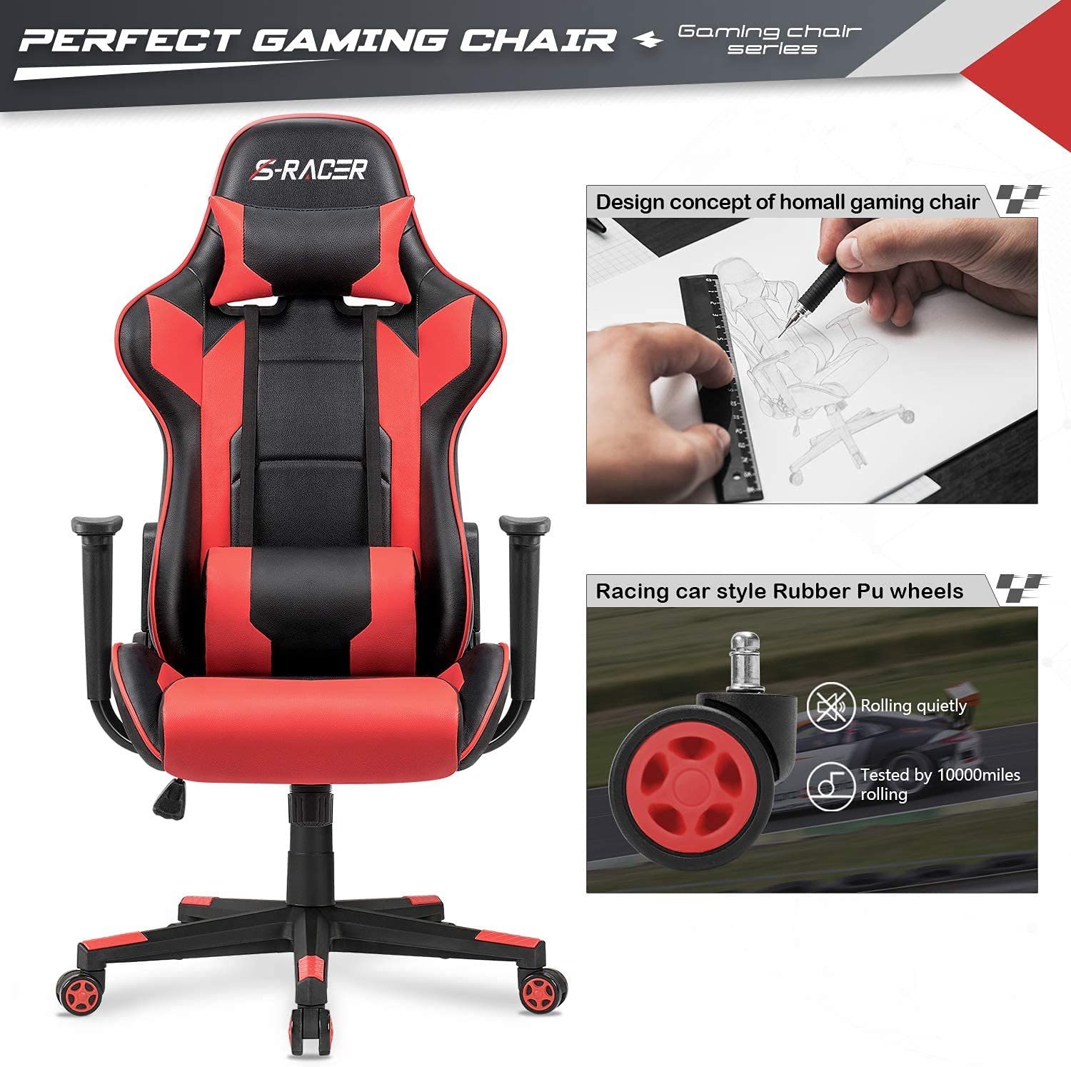 **Furniwell Ergonomic Gaming Chair - High Back Office Chair with Adjustable Headrest & Lumbar Support for PC, Computer Desk - Red - Perfect for Gaming, Work & Home Office**