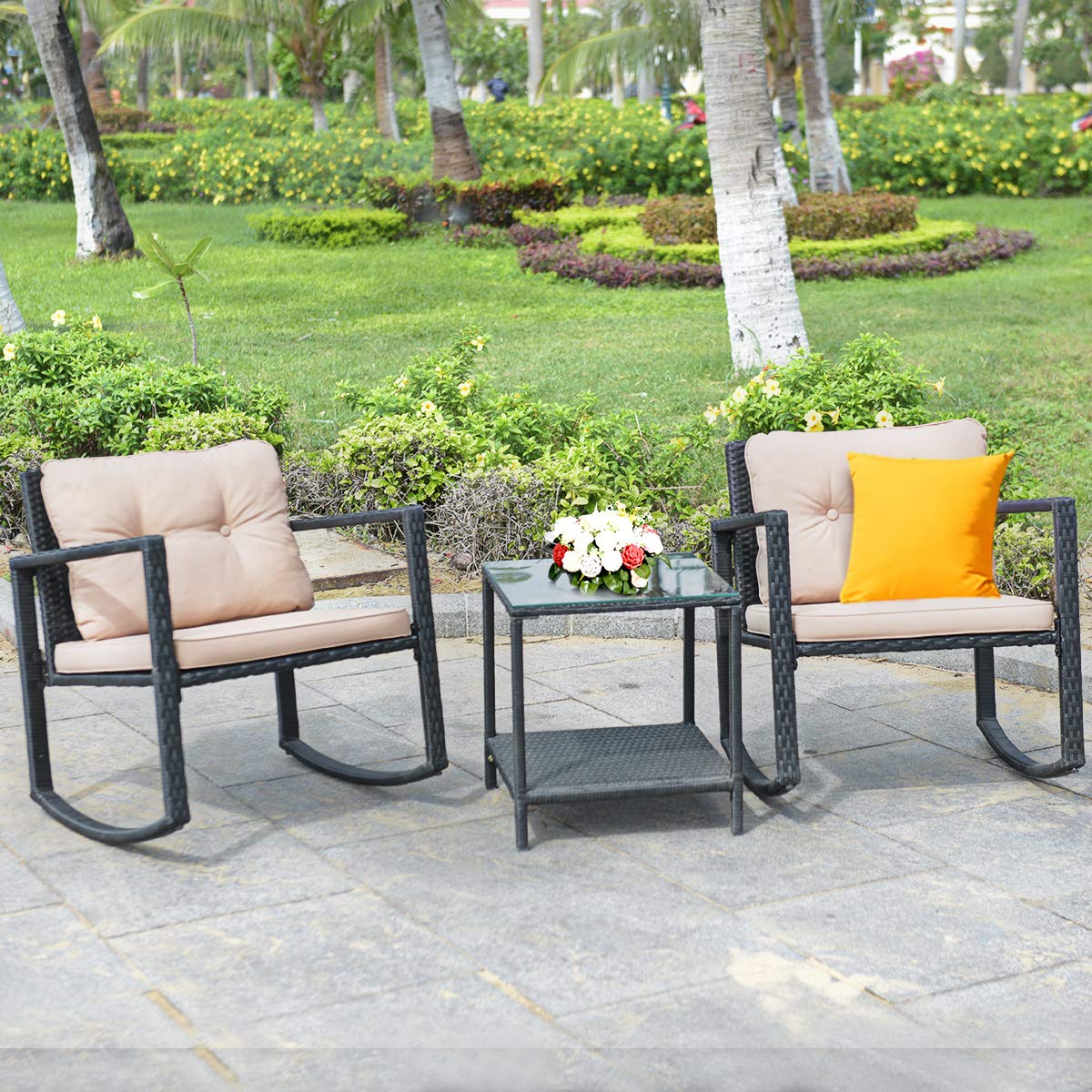 Tangkula 3-Piece Patio Wicker Rocking Chair Set with Cushions & Glass Coffee Table - Outdoor Furniture for Garden, Poolside, Balcony or Porch (Beige) | Perfect for Relaxing, Entertaining and Enjoying Nature