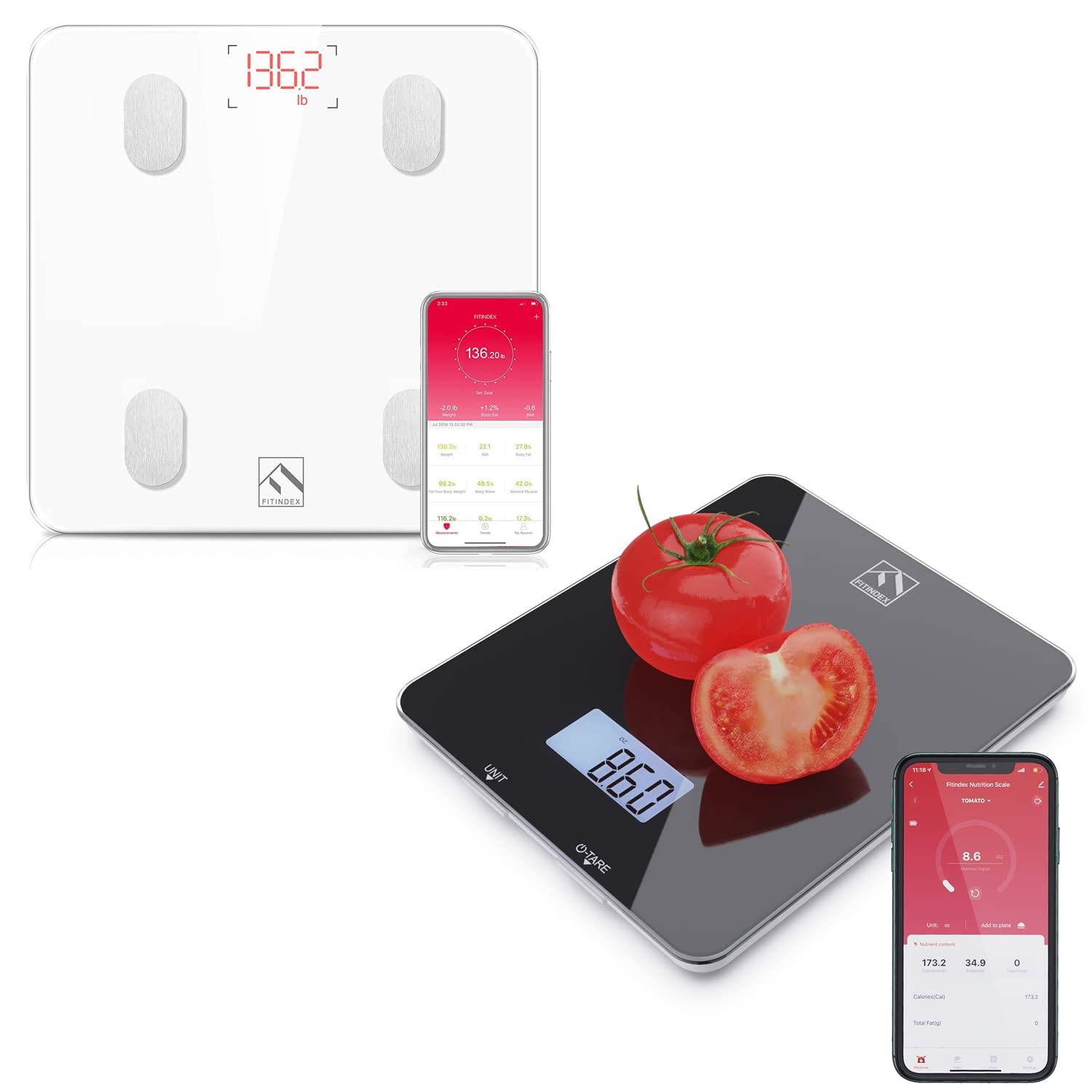 FITINDEX Smart Digital Body Weight Scale with Bluetooth App - Body Fat, Muscle Mass & Nutrition Tracker for Weight Loss & Health Monitoring - Perfect for Home Gym, Fitness & Diet Tracking